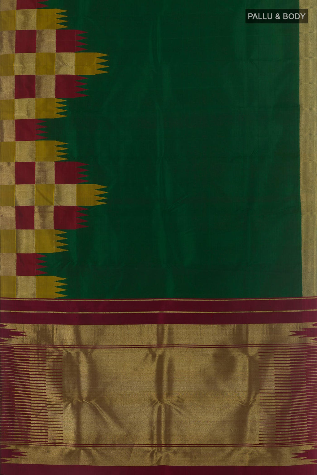 Flat view of Green Kanjivaram Silk Saree with Plain Body and Zari Border. 