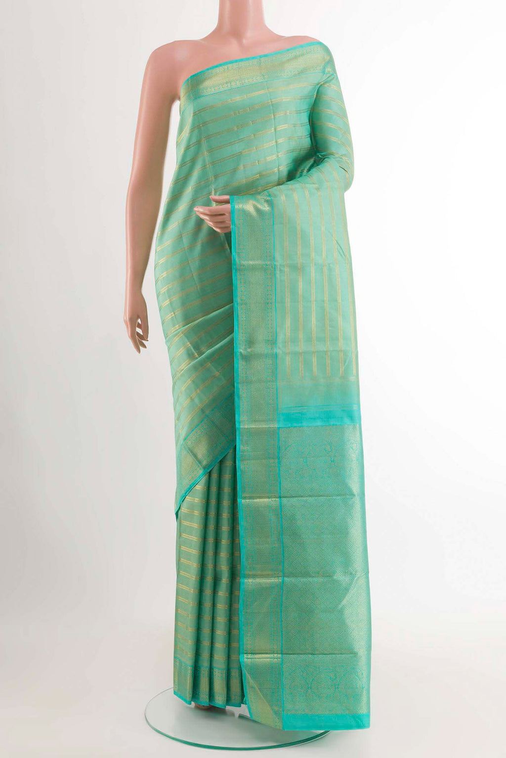 Turquoise Kanchipuram Silk Saree with Stripes on the body and Zari Border displayed on a mannequin