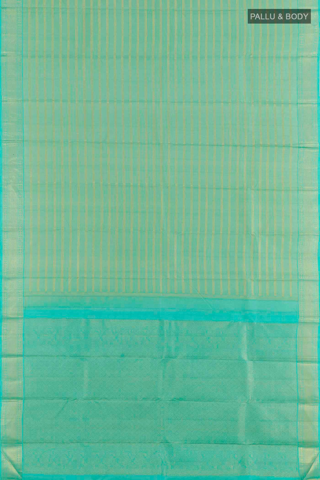 Flat view of Turquoise Kanchipuram Silk Saree with Stripes on the body and Zari Border