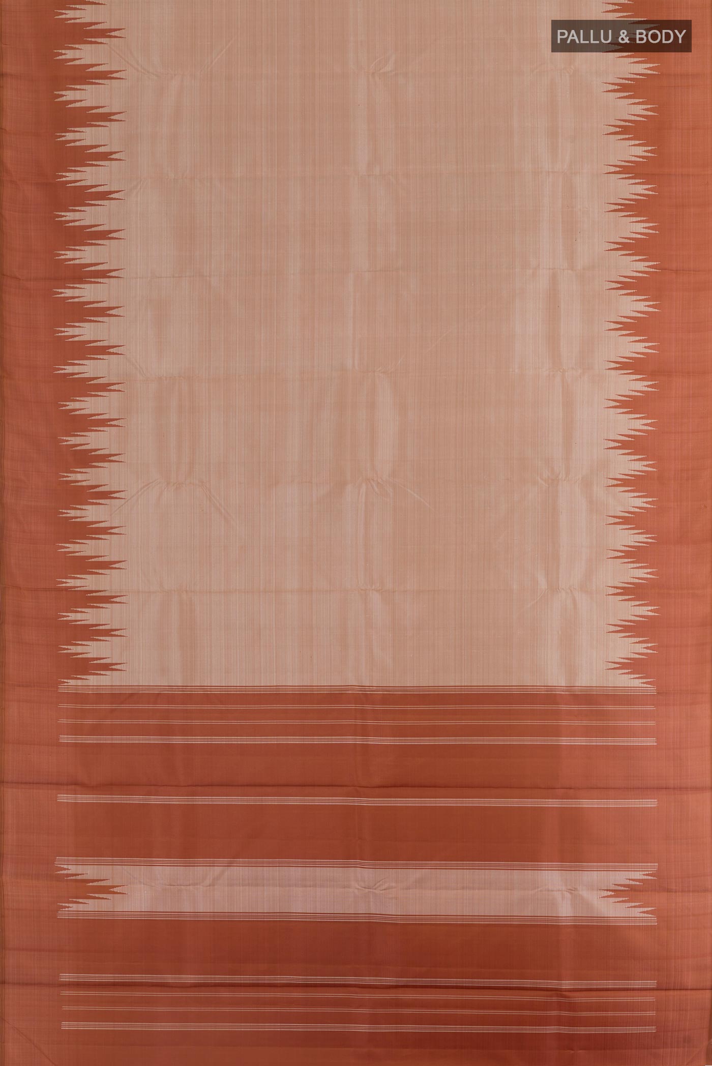 Flat view of Cream Kanchipuram Silk Saree with Zari Butta on the body and Zari Border. 