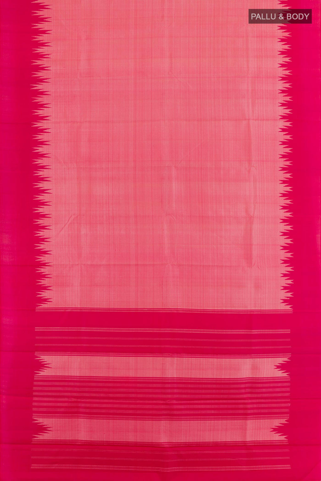 Flat view of Pink Kanchipuram Silk Saree with Plain Body and Temple Border. 