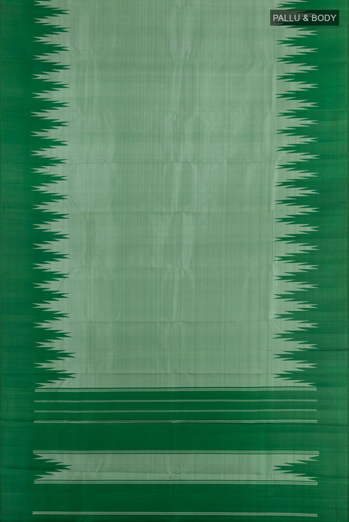 Flat view of Sage Green Kanchipuram Silk Saree with Plain Body and Temple Border. 