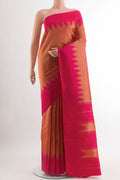 Orange Kanchipuram Silk Saree with Plain Body and Zari Border.  displayed on a mannequin
