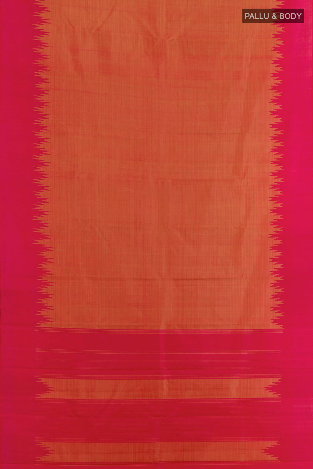 Flat view of Orange Kanchipuram Silk Saree with Plain Body and Zari Border. 