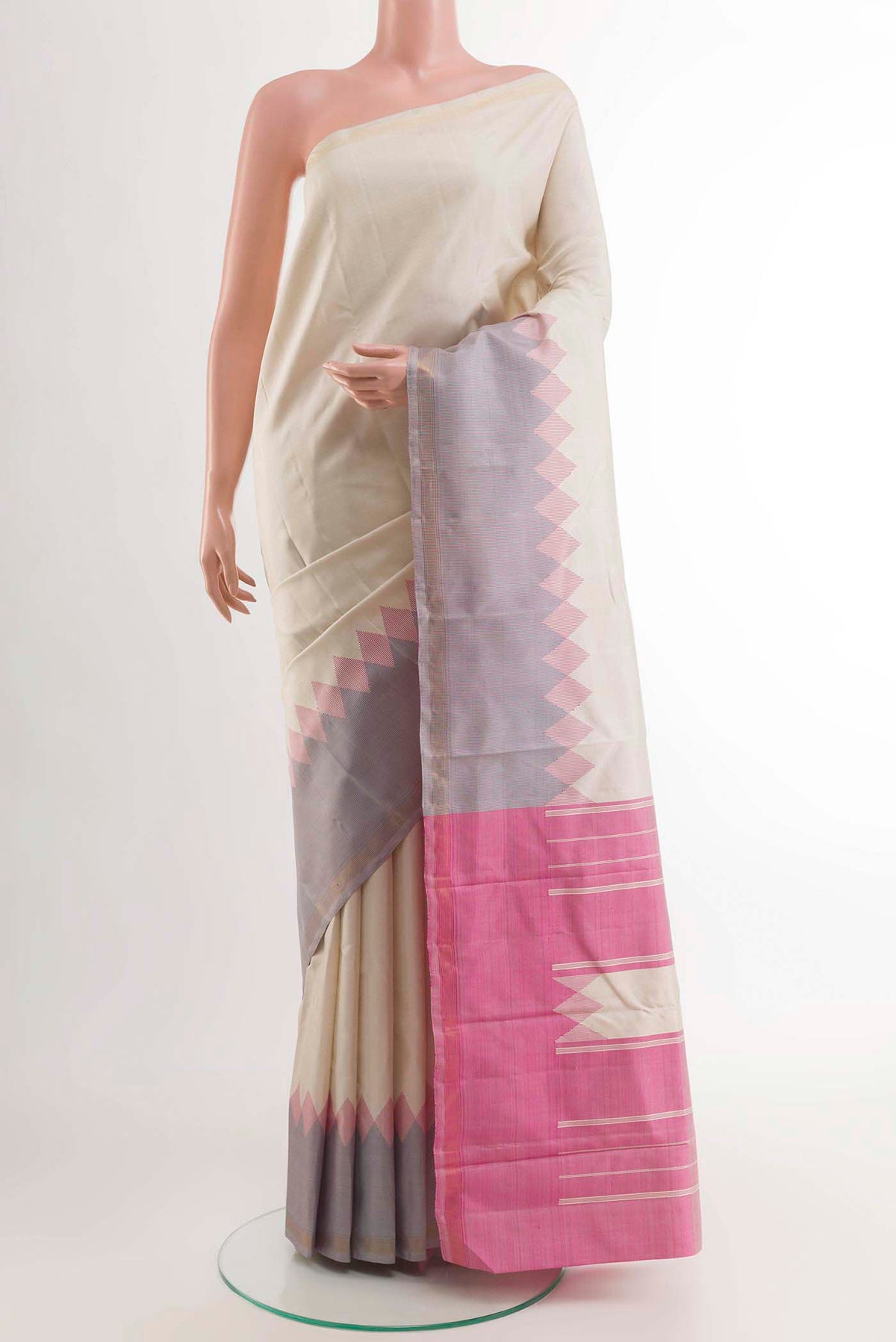 Off White Kanchipuram Silk Saree with Plain Body and Zari Border displayed on a mannequin