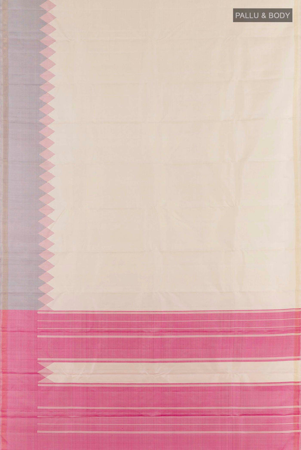 Flat view of Off White Kanchipuram Silk Saree with Plain Body and Zari Border