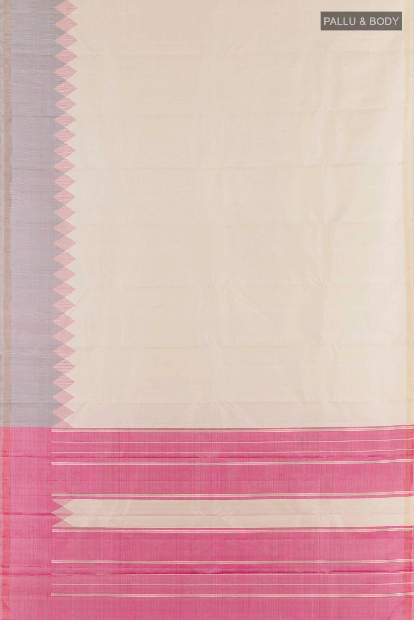 Flat view of Off White Kanchipuram Silk Saree with Plain Body and Zari Border