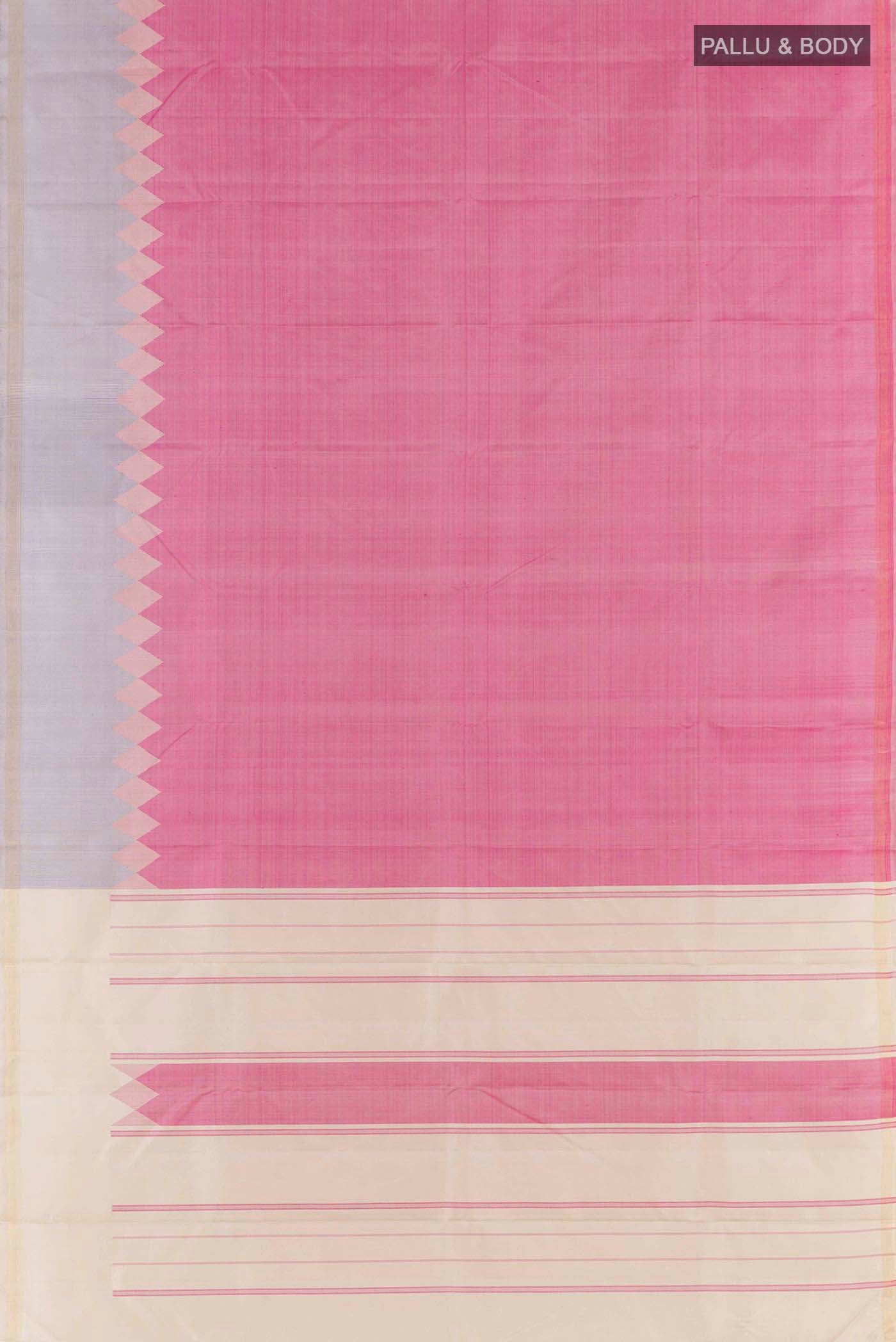 Flat view of Pink Kanchipuram Silk Saree with Plain Body and Zari Border