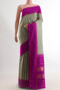 Grey Kanjivaram Silk Saree with Checked design on the body and Plain Border.  displayed on a mannequin