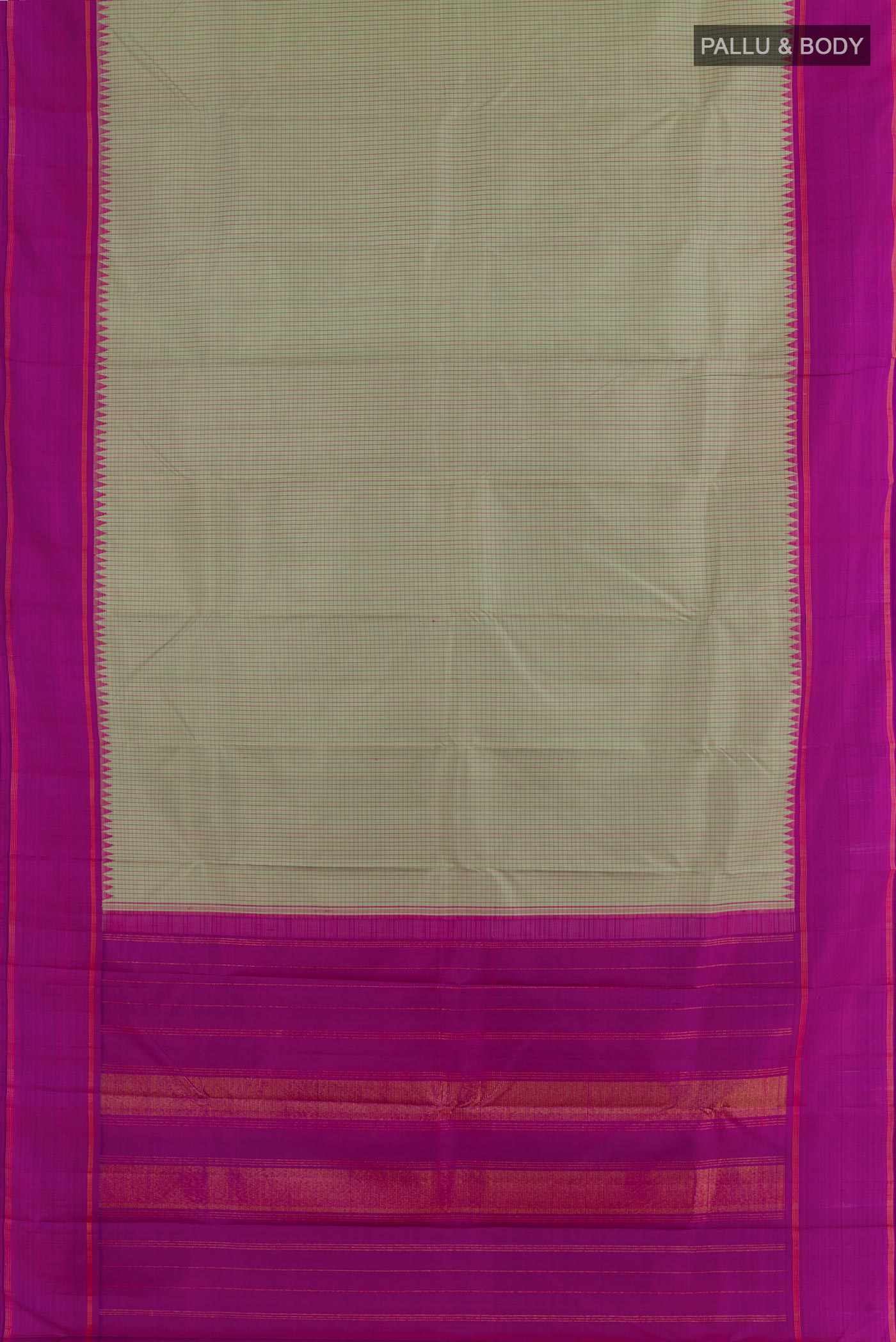 Flat view of Grey Kanjivaram Silk Saree with Checked design on the body and Plain Border. 