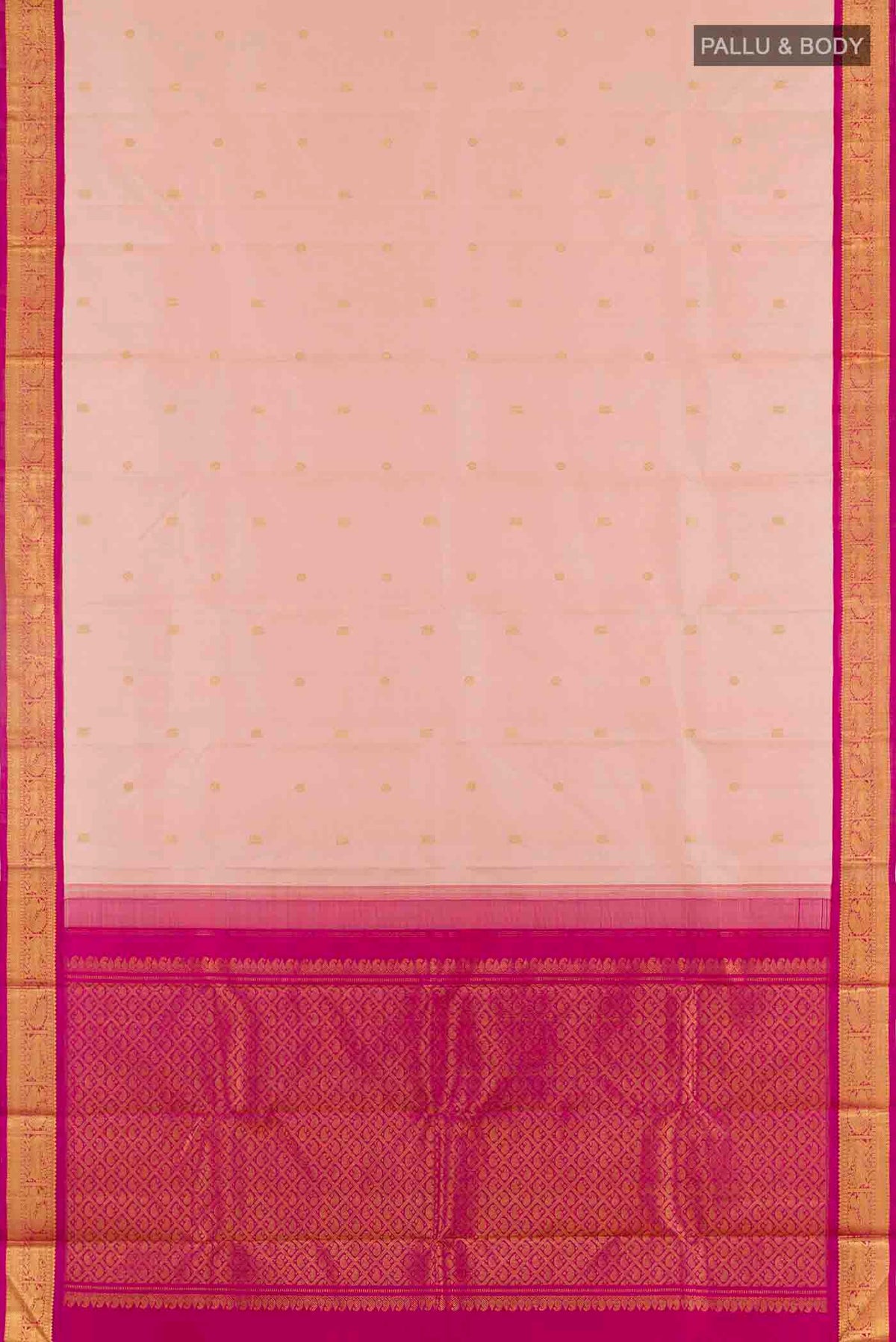 Flat view of Rose pink Kanchipuram Silk Saree with Zari Butta on the body and Zari Border