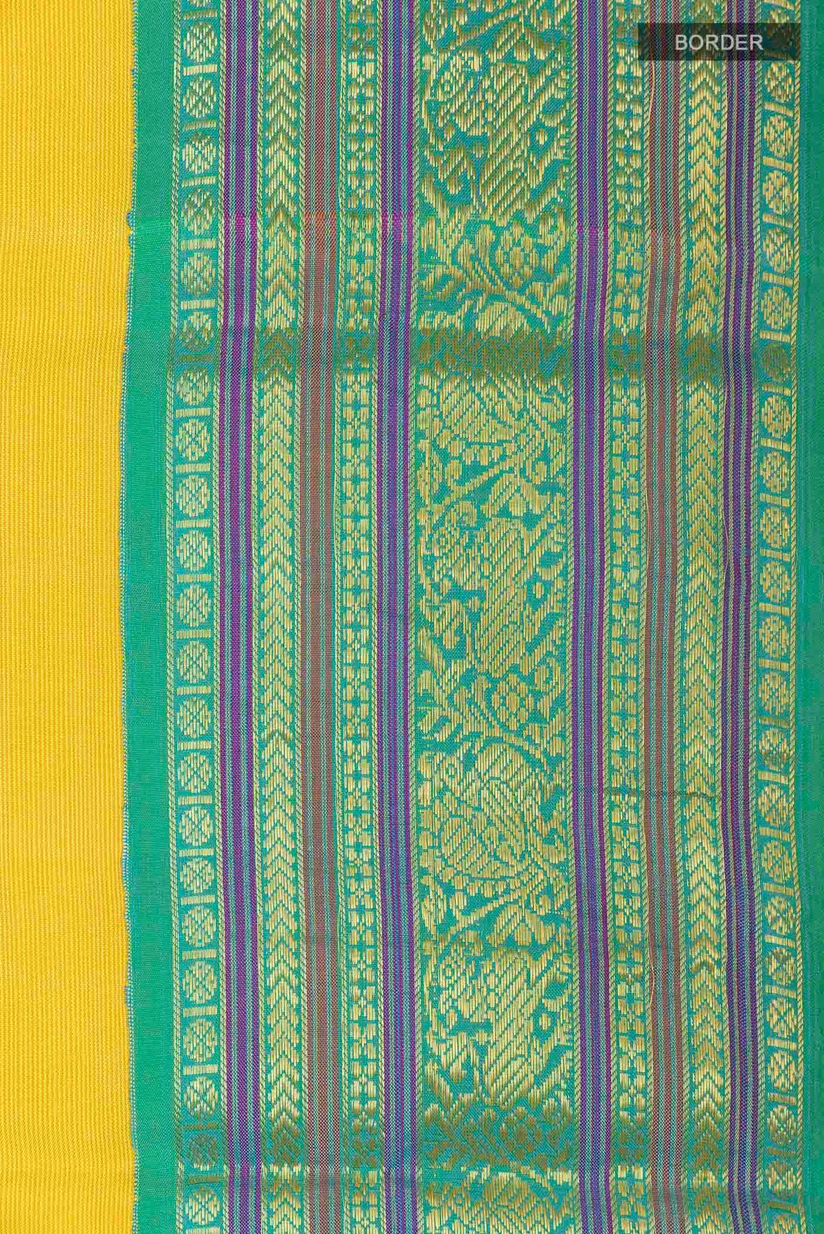 Border image of Yellow Kanchipuram Silk Saree with Zari Butta on the body and Ganga Jamuna Border