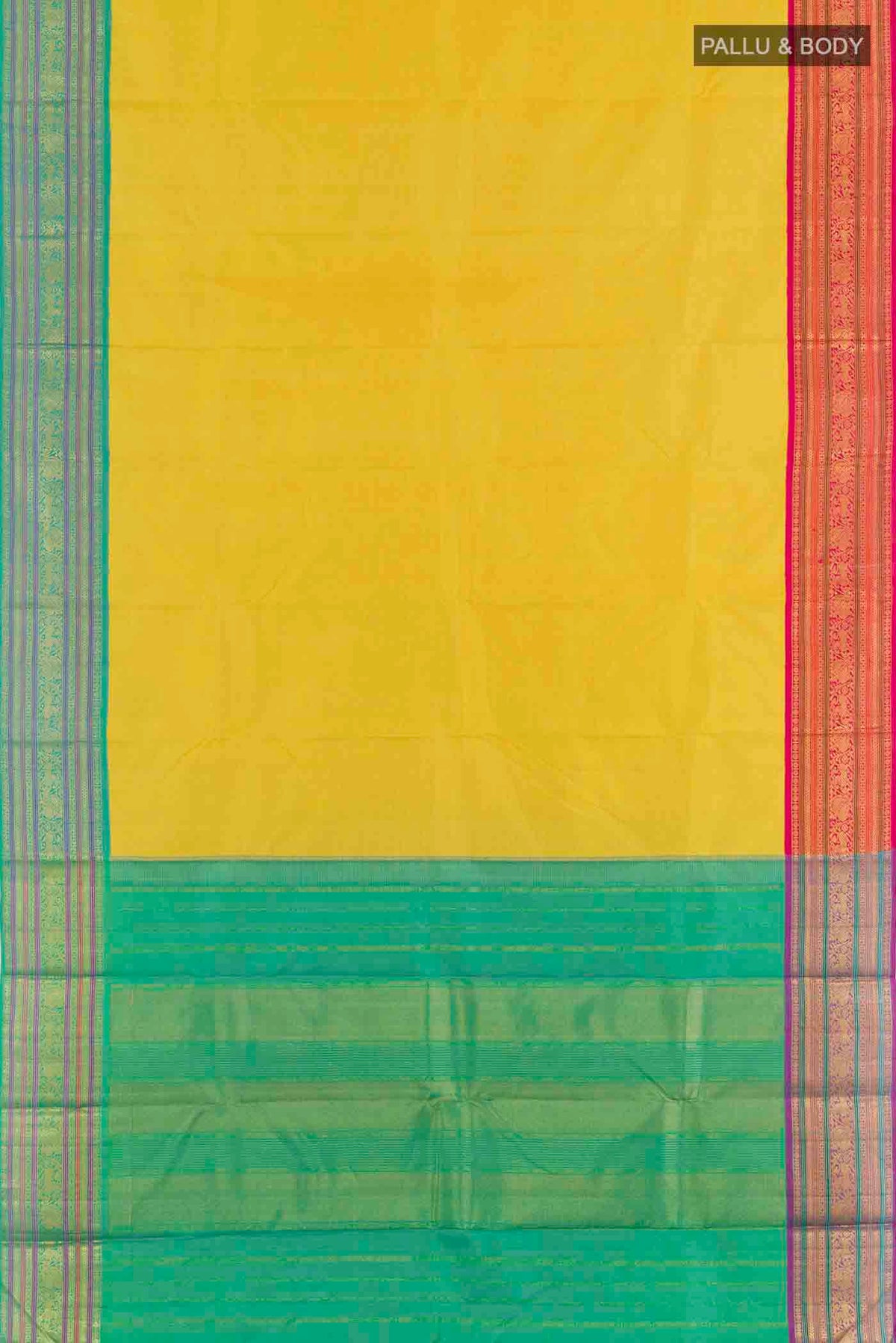 Flat view of Yellow Kanchipuram Silk Saree with Zari Butta on the body and Ganga Jamuna Border