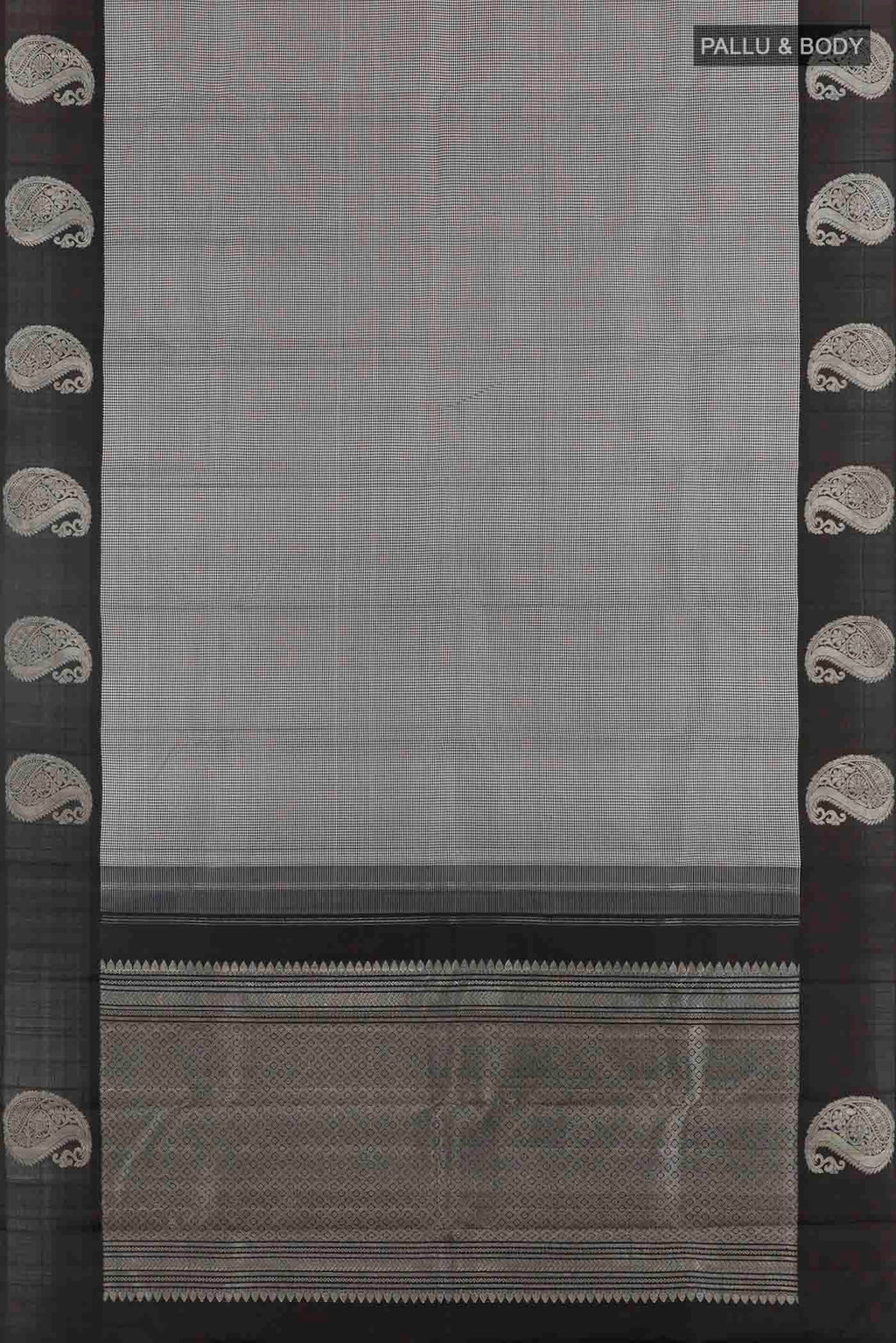 Flat view of White Kanchipuram Silk Saree with Checked design on the body and Zari Border