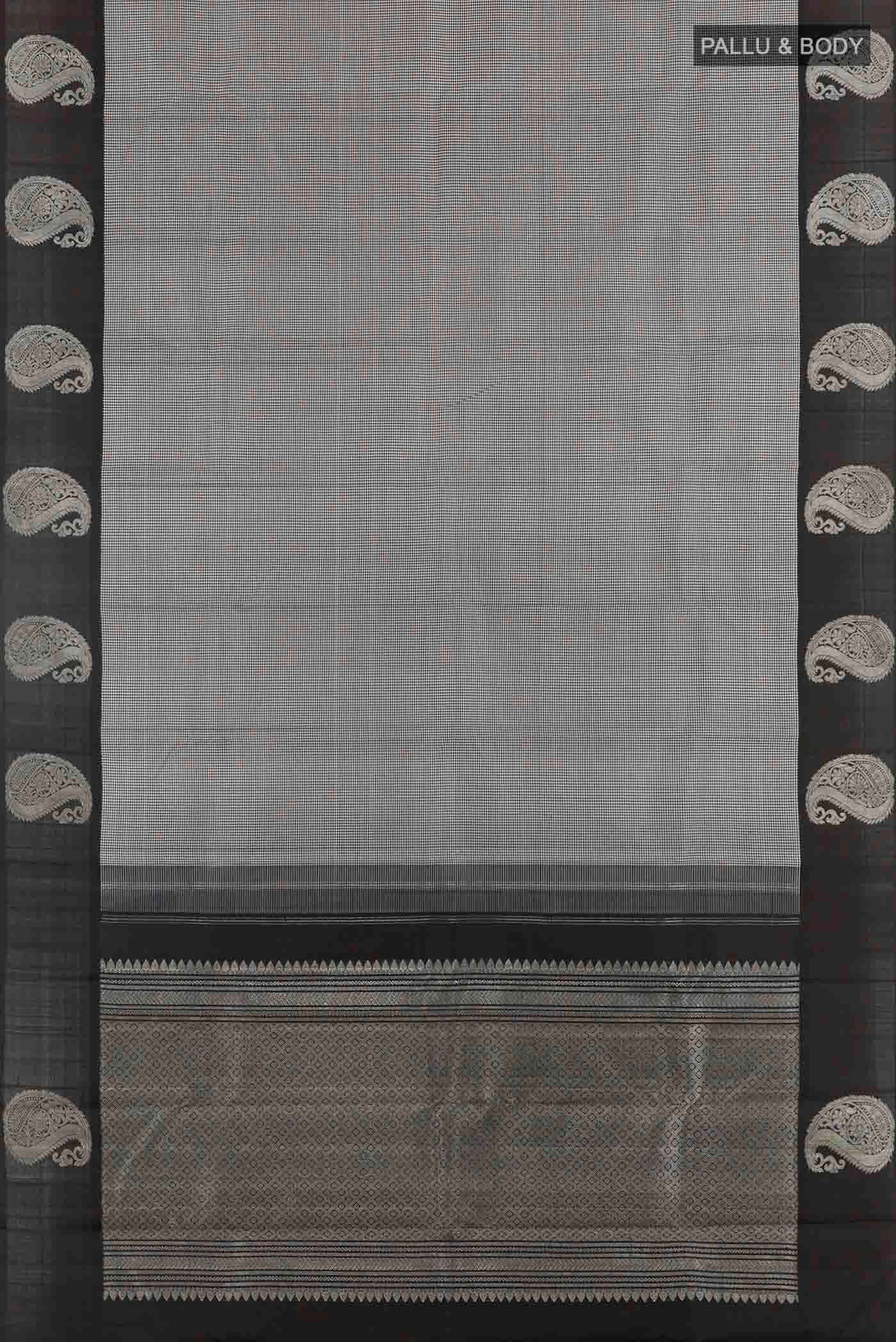 Flat view of White Kanchipuram Silk Saree with Checked design on the body and Zari Border