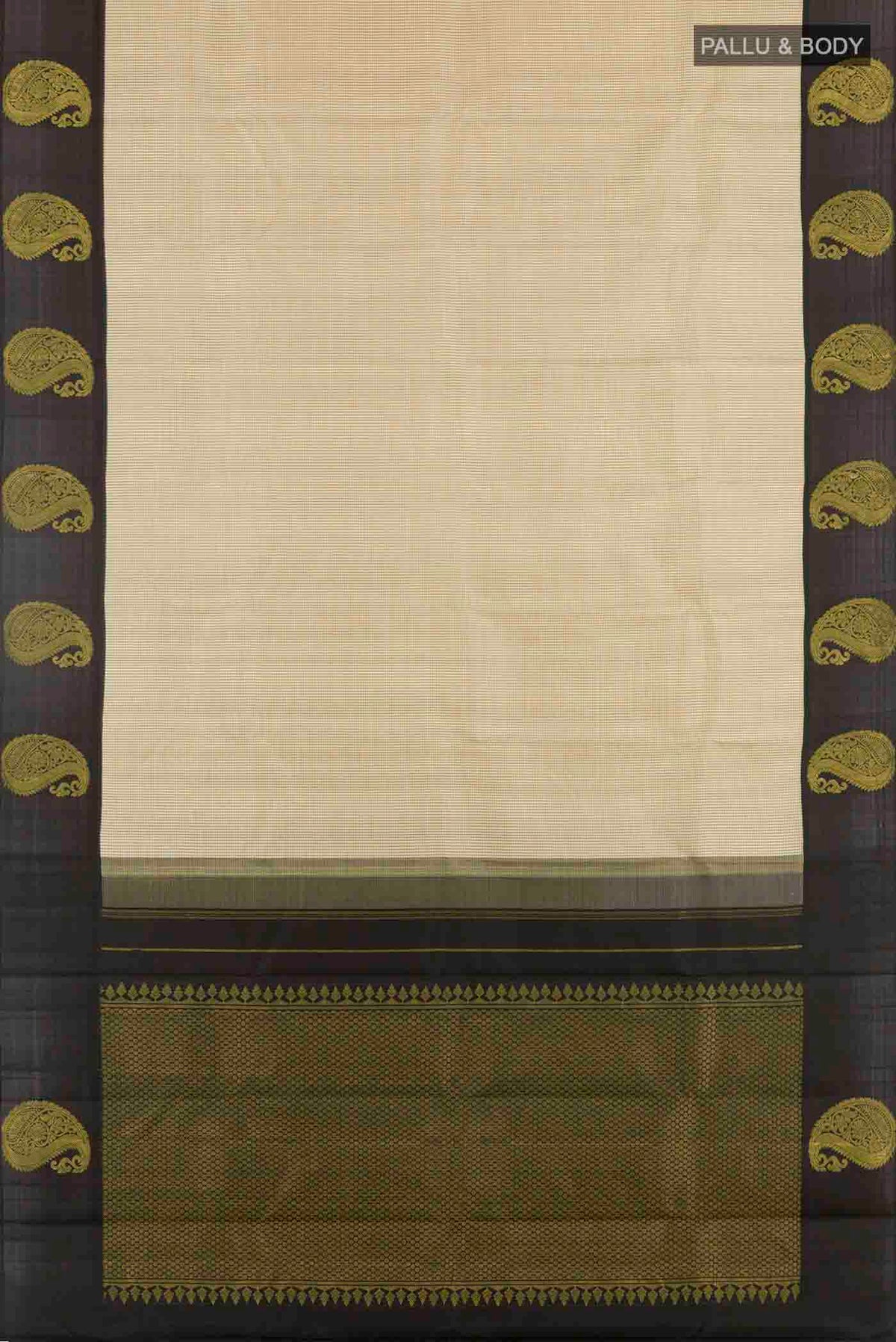 Flat view of Off White Kanchipuram Silk Saree with Checked design on the body and Zari Border