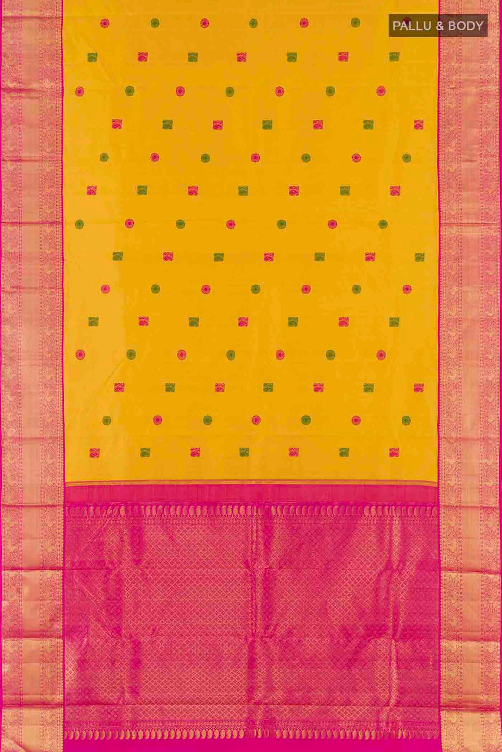 Flat view of Yellow Kanchipuram Silk Saree with Thread Butta on the body and Zari Border