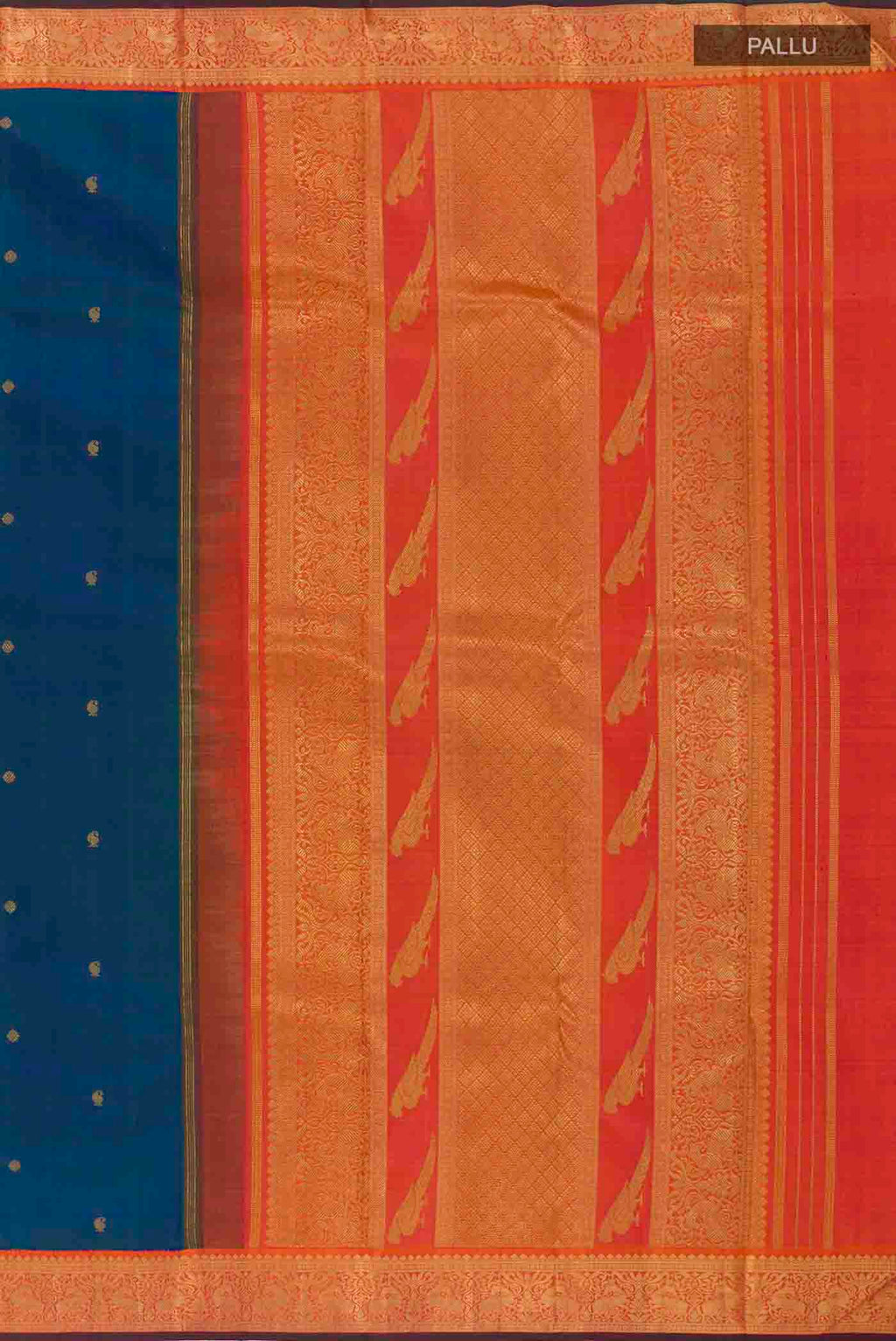 Close up image of the pallu of Peacock Blue Kanchipuram Silk Saree with Zari Butta on the body and Zari Border