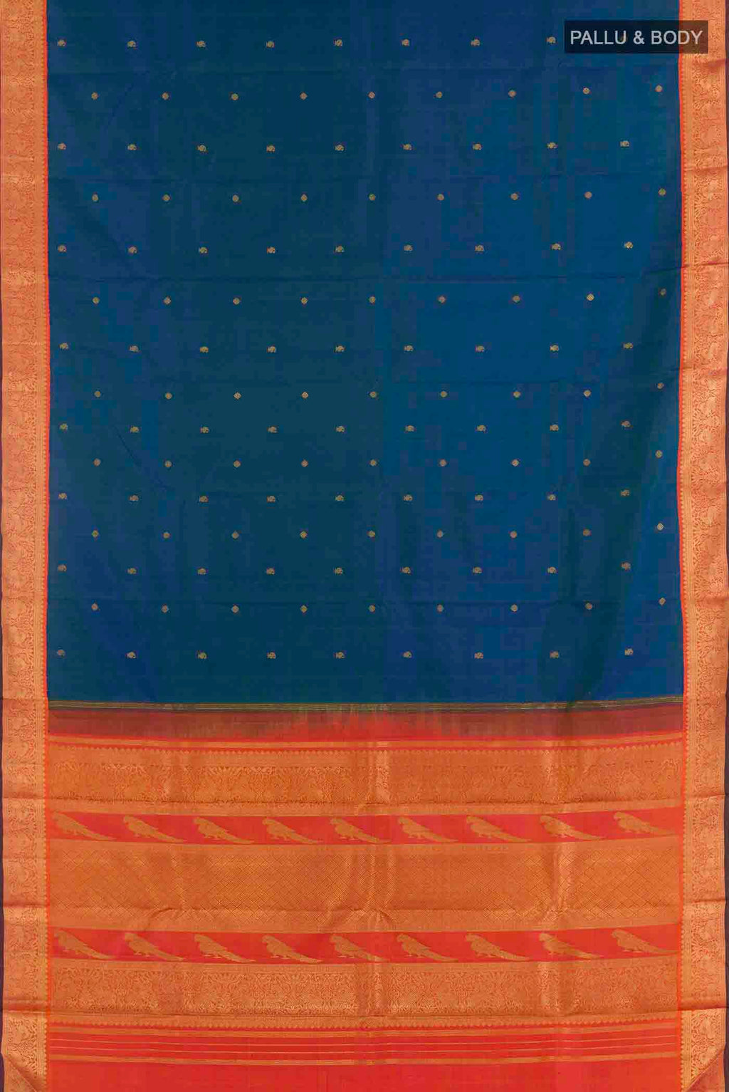 Flat view of Peacock Blue Kanchipuram Silk Saree with Zari Butta on the body and Zari Border