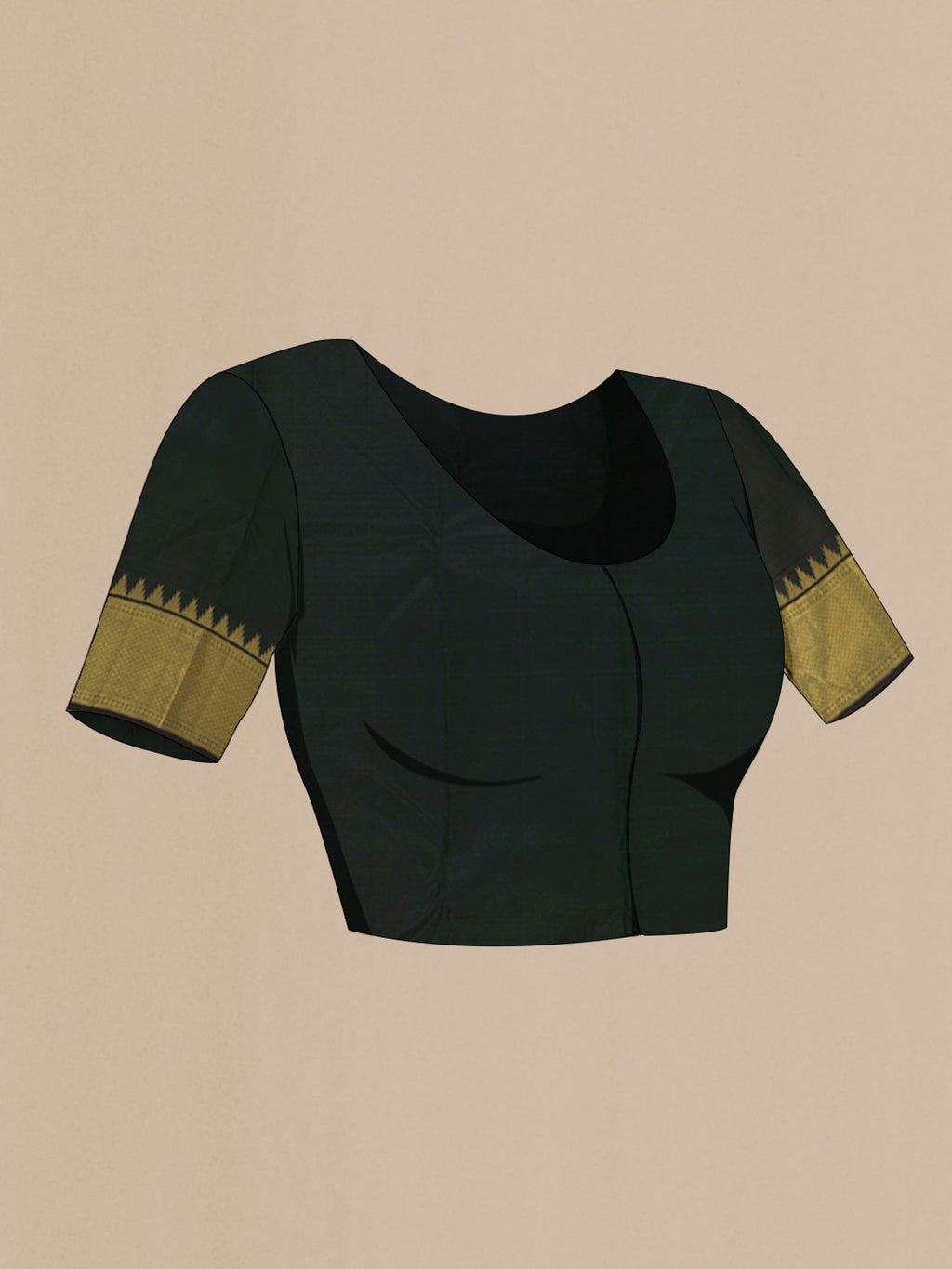 Close up image of the blouse of Pure Silk Pure Zari Black Kanchipuram Saree with Zari Brocade on the body and Zari Border