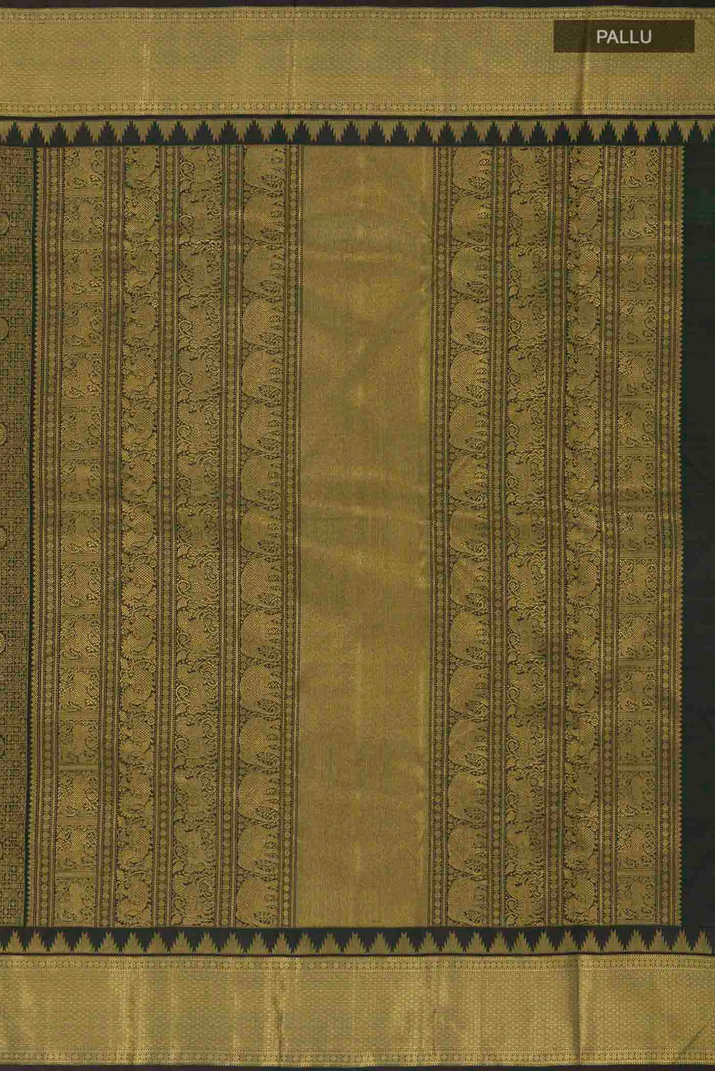 Close up image of the pallu of Pure Silk Pure Zari Black Kanchipuram Saree with Zari Brocade on the body and Zari Border
