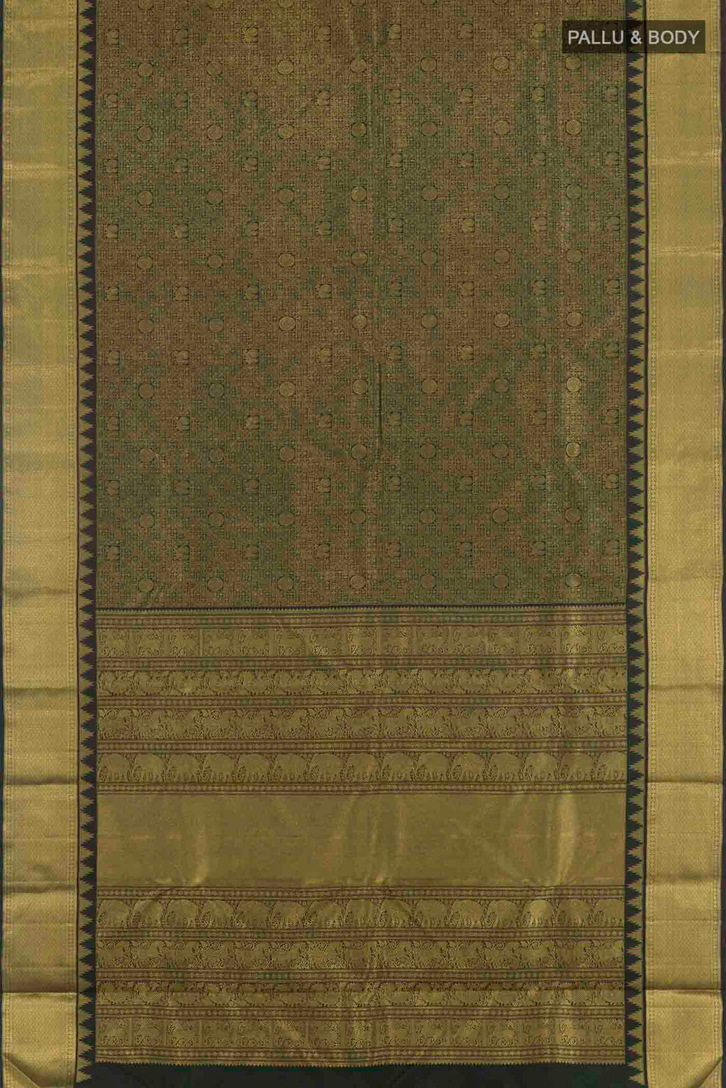 Flat view of Pure Silk Pure Zari Black Kanchipuram Saree with Zari Brocade on the body and Zari Border