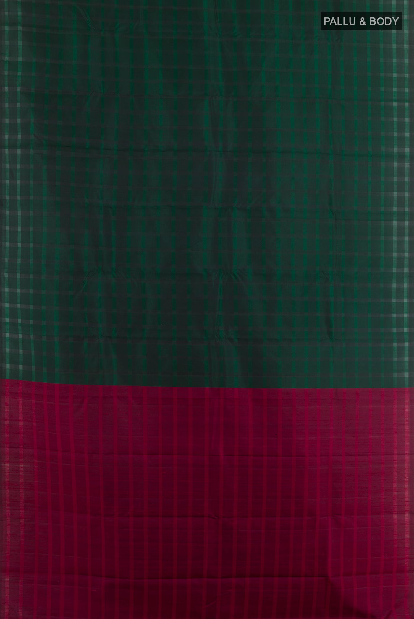 Flat view of Bottle Green Kanchipuram Silk Saree with Checked design on the body and Without Border. 