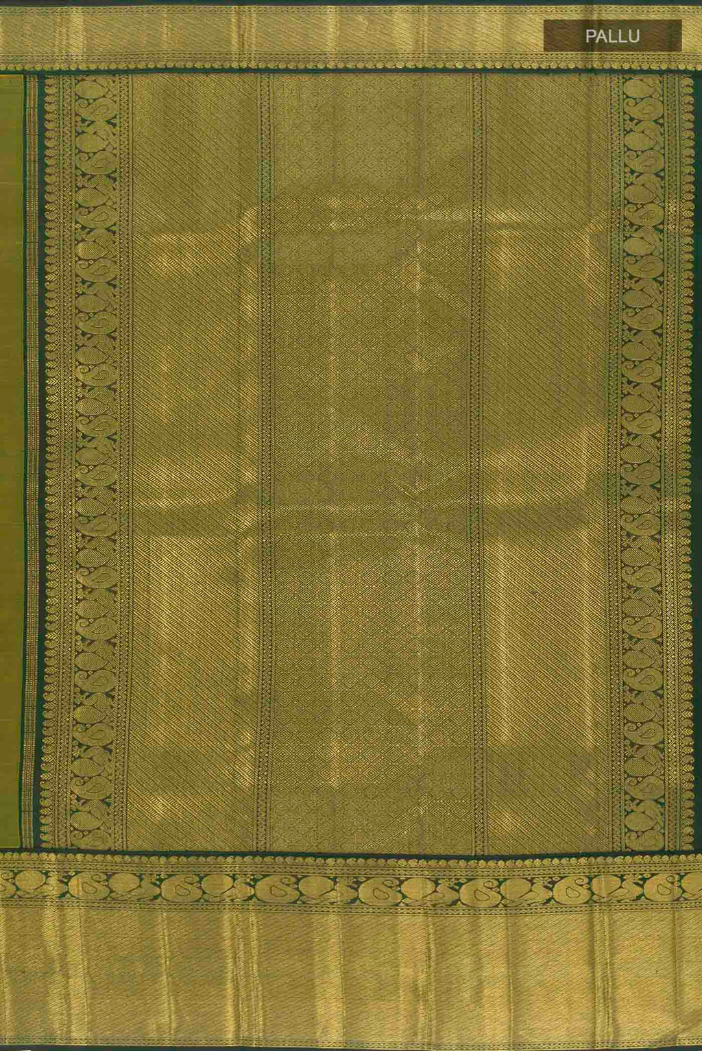 Close up image of the pallu of Pure Silk Pure Zari Yellow Kanchipuram Saree with Zari Brocade on the body and Zari Border