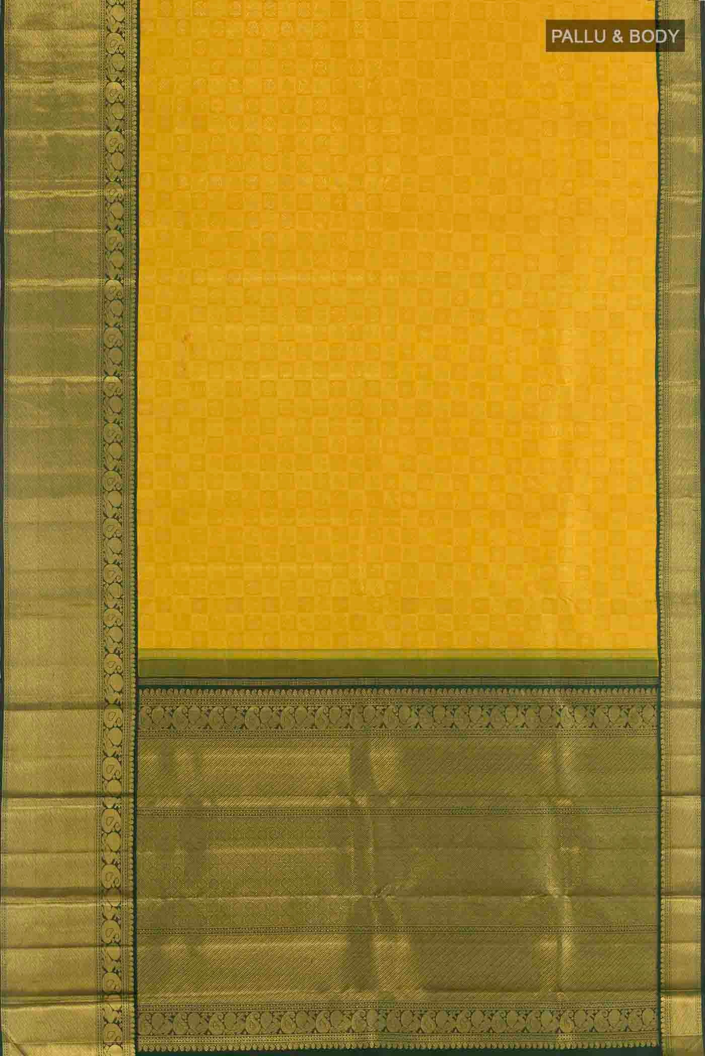 Flat view of Pure Silk Pure Zari Yellow Kanchipuram Saree with Zari Brocade on the body and Zari Border