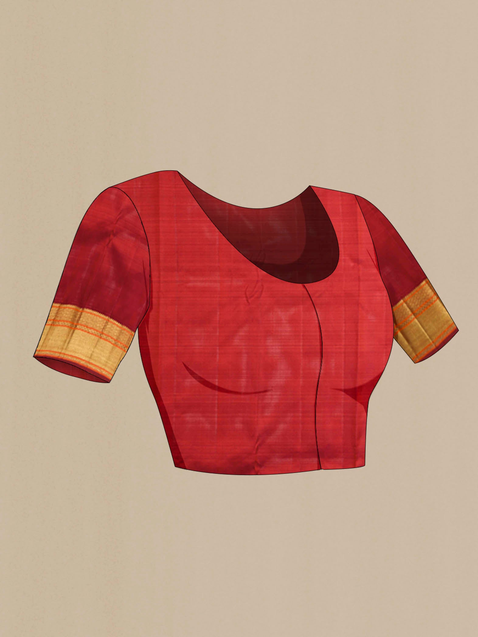 Close up image of the blouse of Maroon Kanchipuram Silk Saree with Zari Brocade on the body and Zari Border