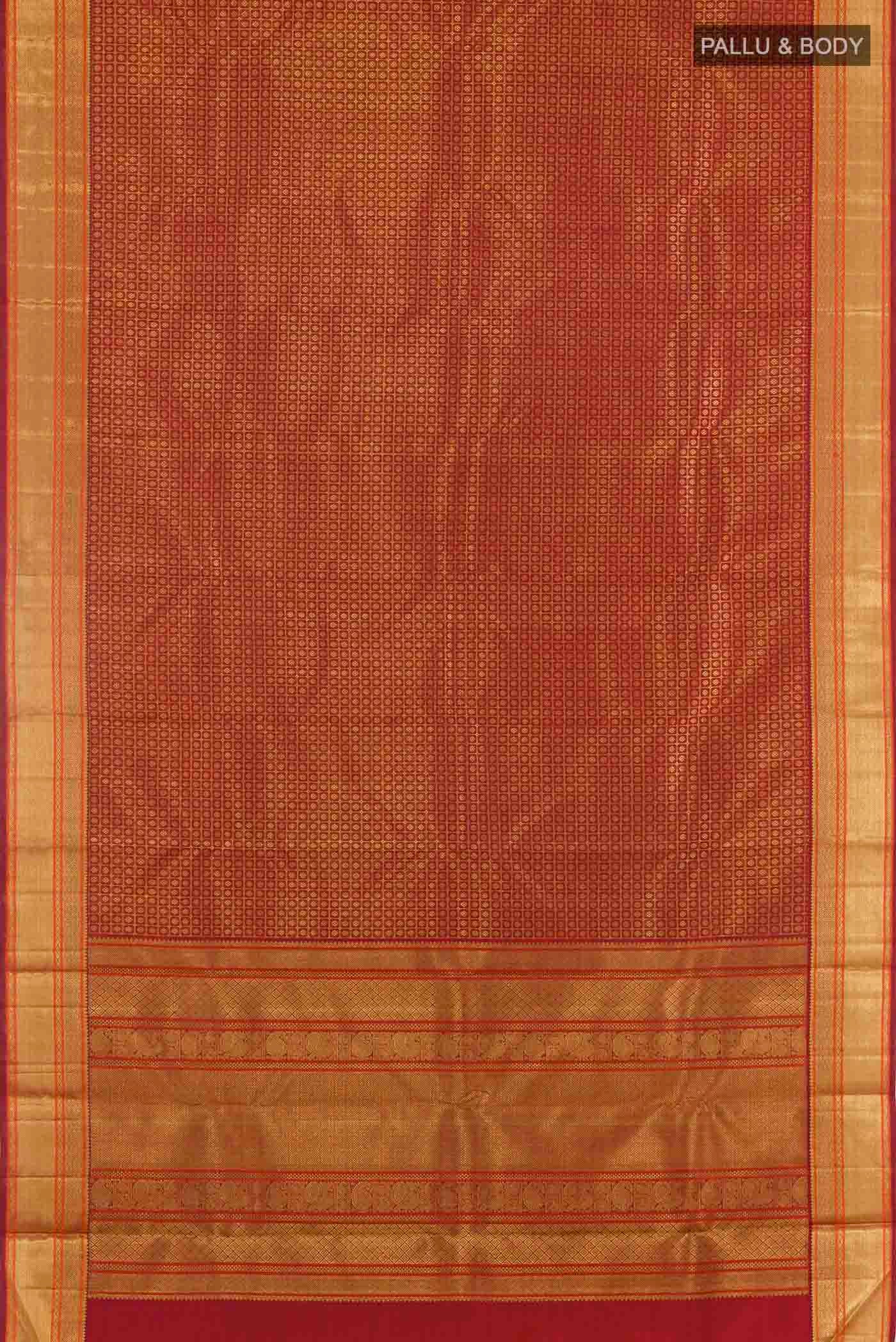 Flat view of Maroon Kanchipuram Silk Saree with Zari Brocade on the body and Zari Border
