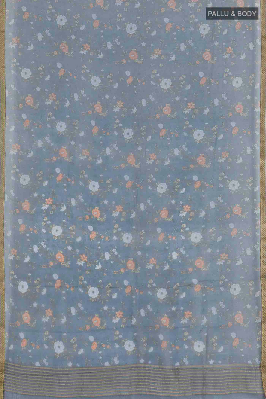 Flat view of Blue Chiffon Saree with Printed design on the body and Zari Border