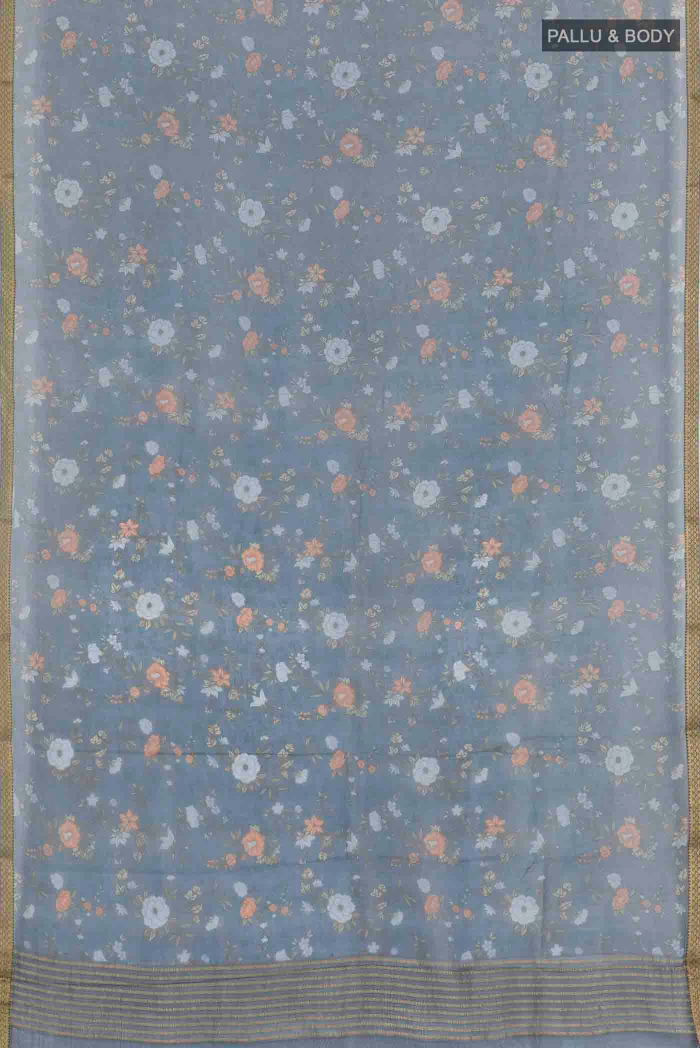 Flat view of Blue Chiffon Saree with Printed design on the body and Zari Border