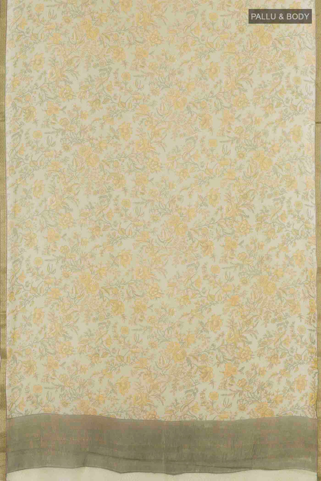 Flat view of Cream Mysore Chiffon Saree with Floral Print on the body and Zari Border