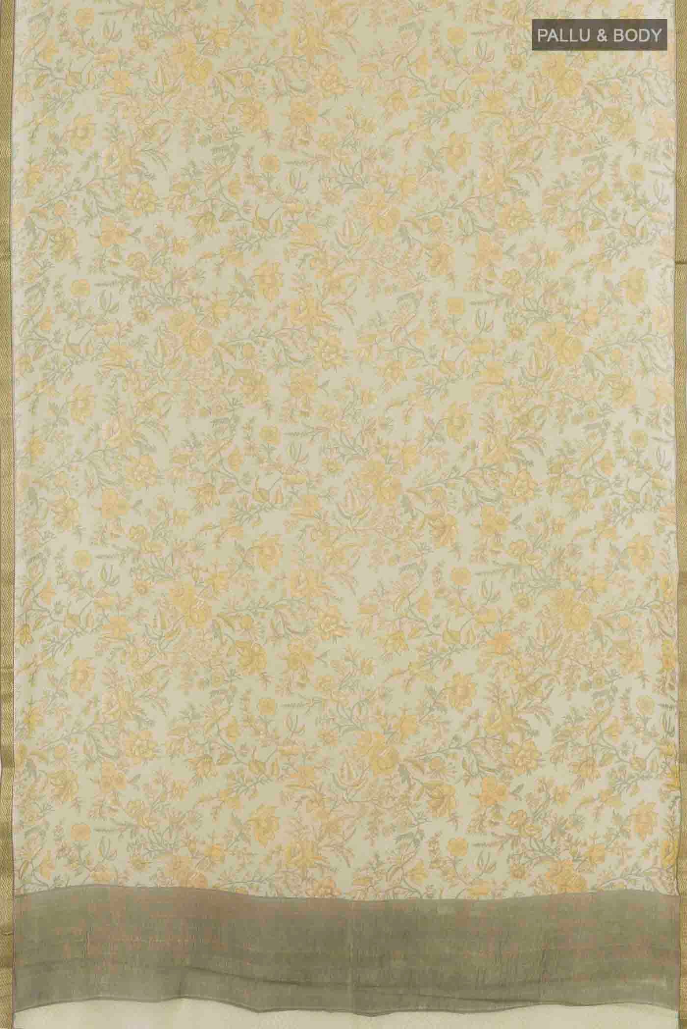Flat view of Cream Mysore Chiffon Saree with Floral Print on the body and Zari Border