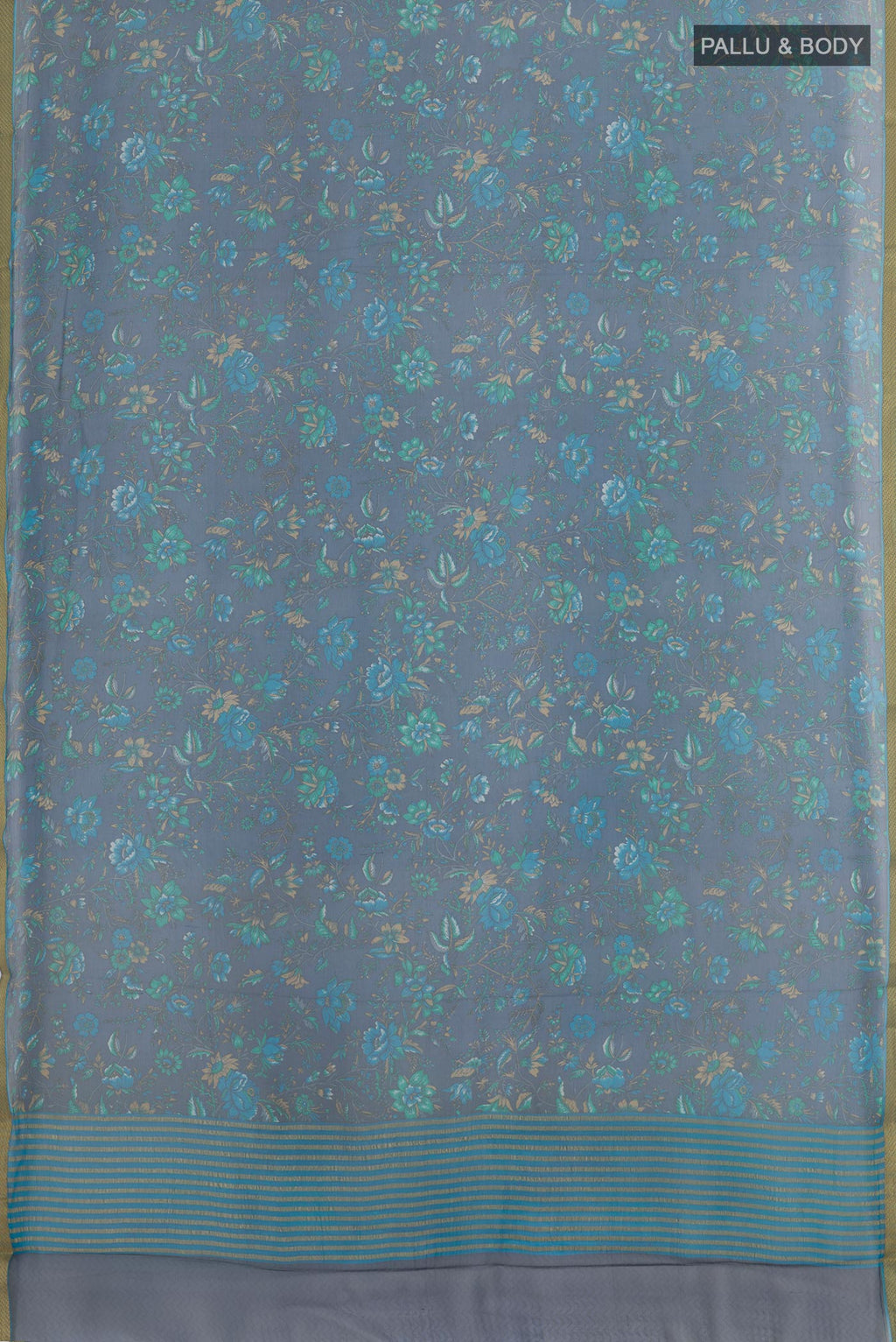 Flat view of Dark Blue Chiffon Saree with Printed design on the body and Plain Border. 