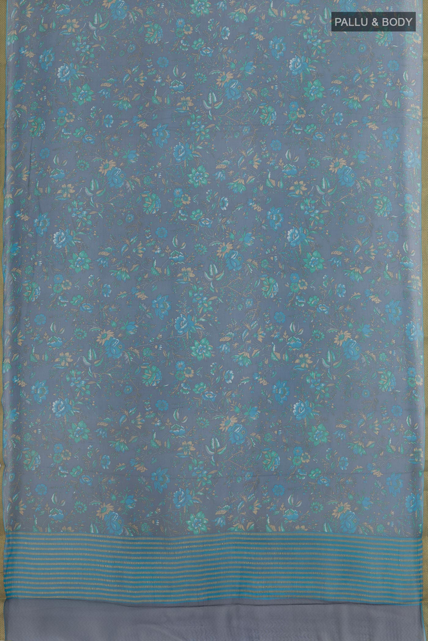 Flat view of Dark Blue Chiffon Saree with Printed design on the body and Plain Border. 