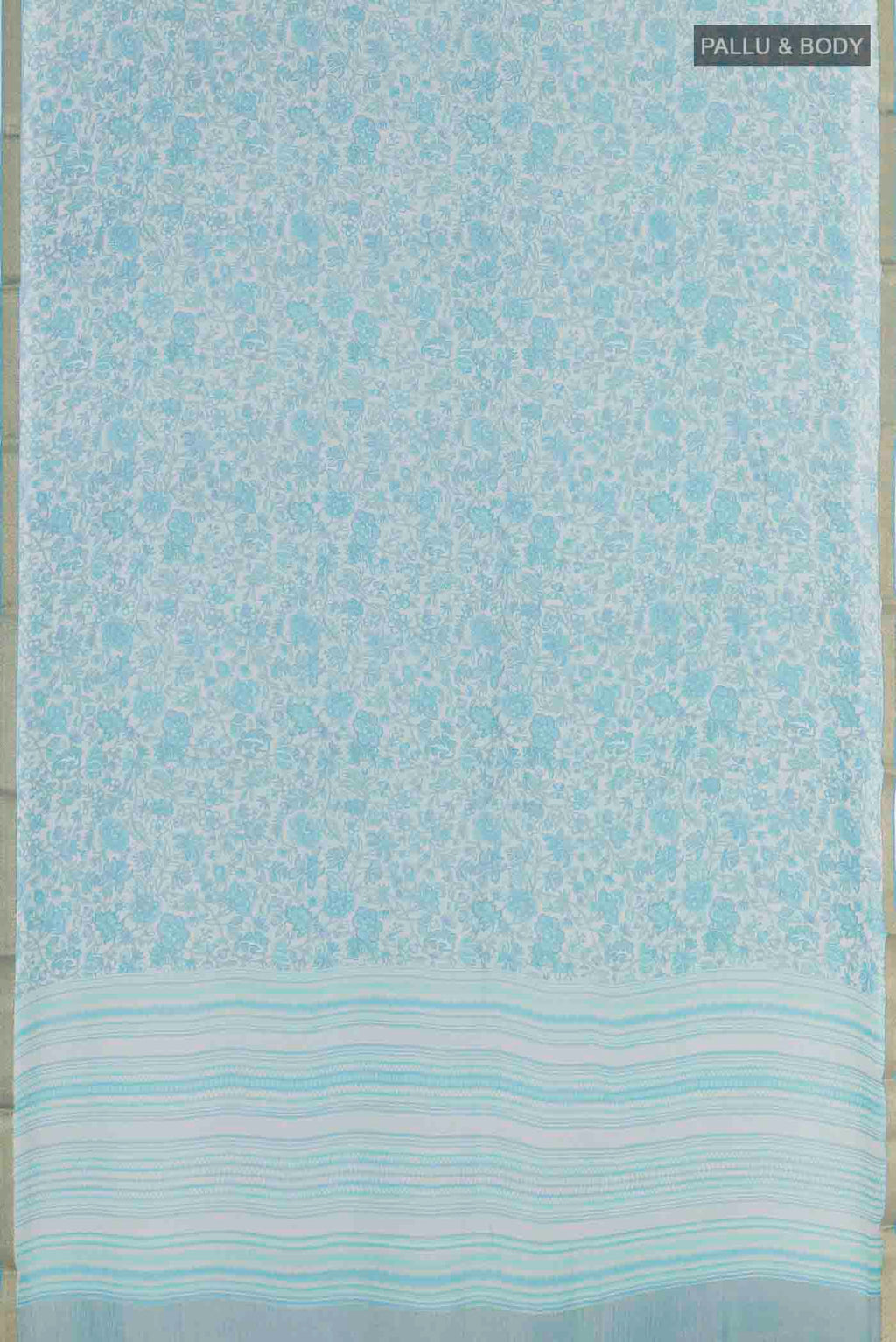 Flat view of Blue Mysore Chiffon Saree with Printed design on the body and Zari Border