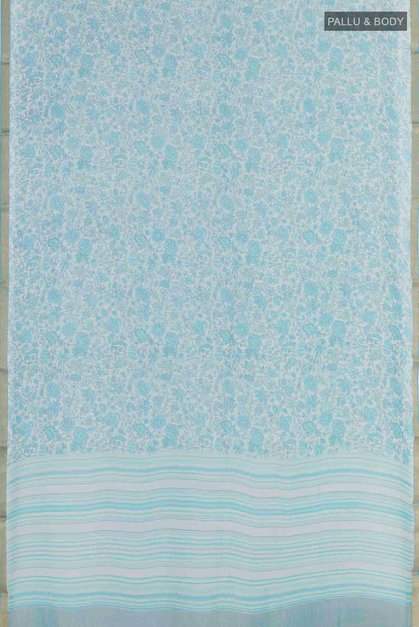 Flat view of Blue Mysore Chiffon Saree with Printed design on the body and Zari Border