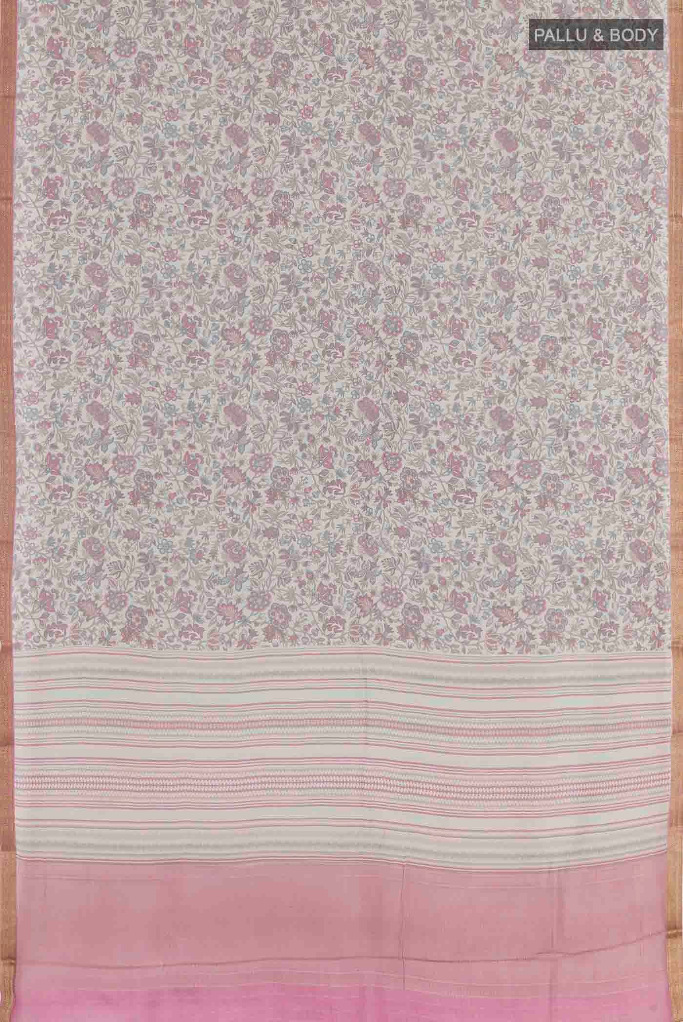 Flat view of Off White Chiffon Saree with Printed design on the body and Zari Border