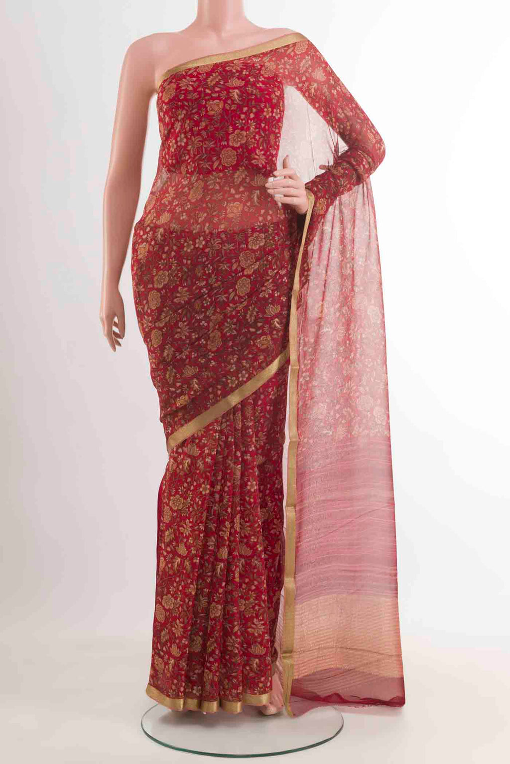 Red Mysore Chiffon Saree with Floral Print on the body and Zari Border displayed on a mannequin