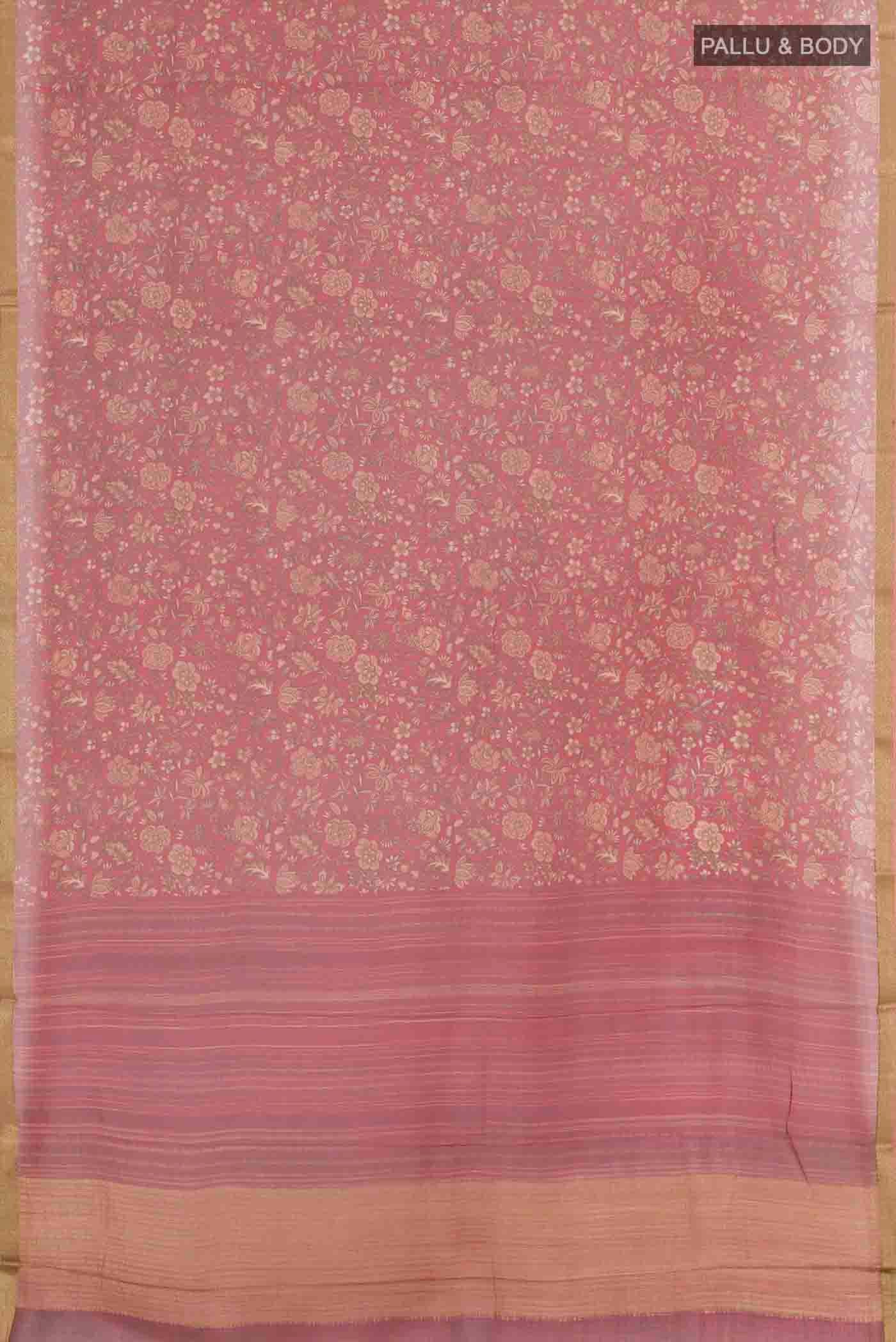 Flat view of Red Mysore Chiffon Saree with Floral Print on the body and Zari Border