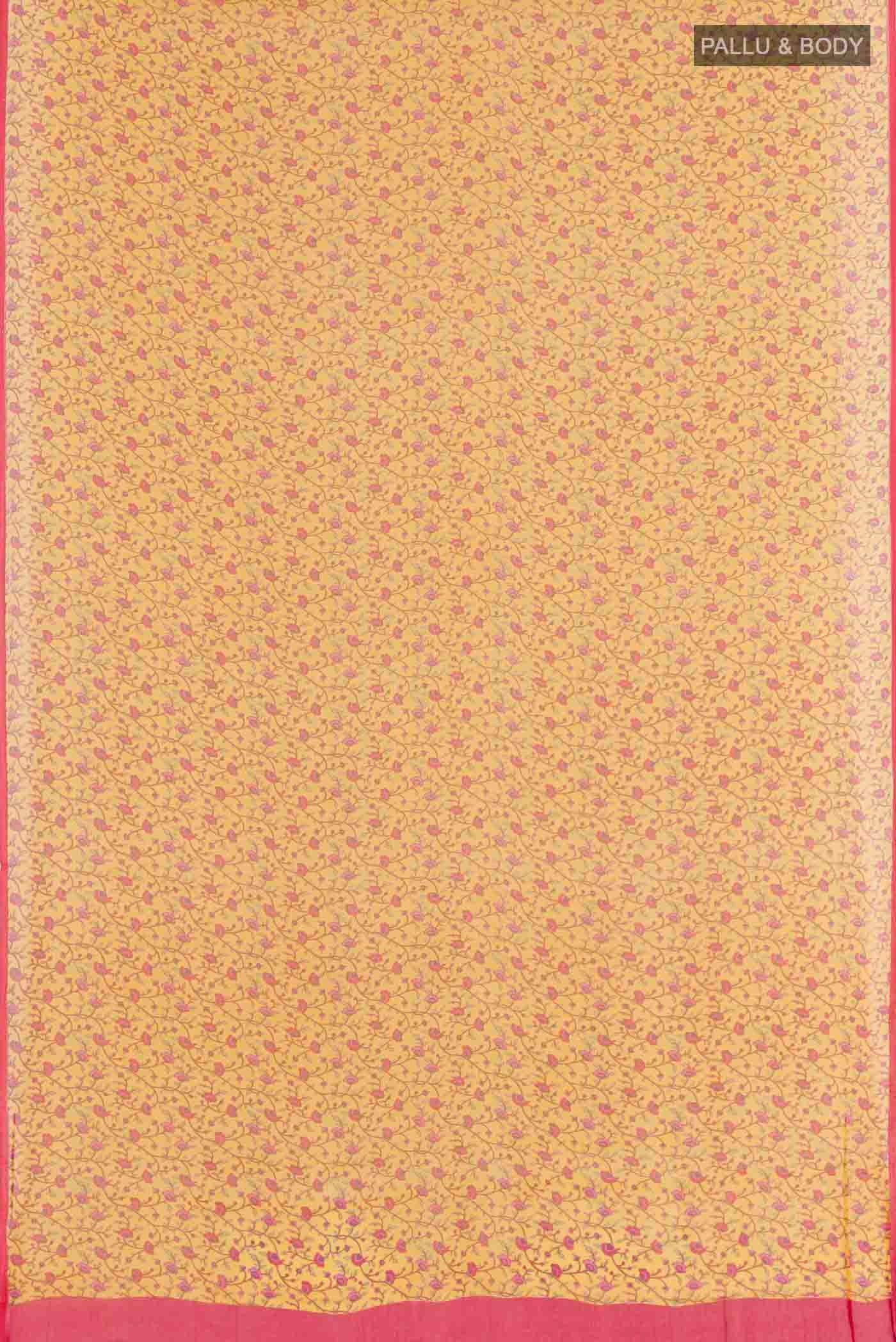 Flat view of Yellow Mysore Chiffon Saree with Printed design on the body and Plain Border