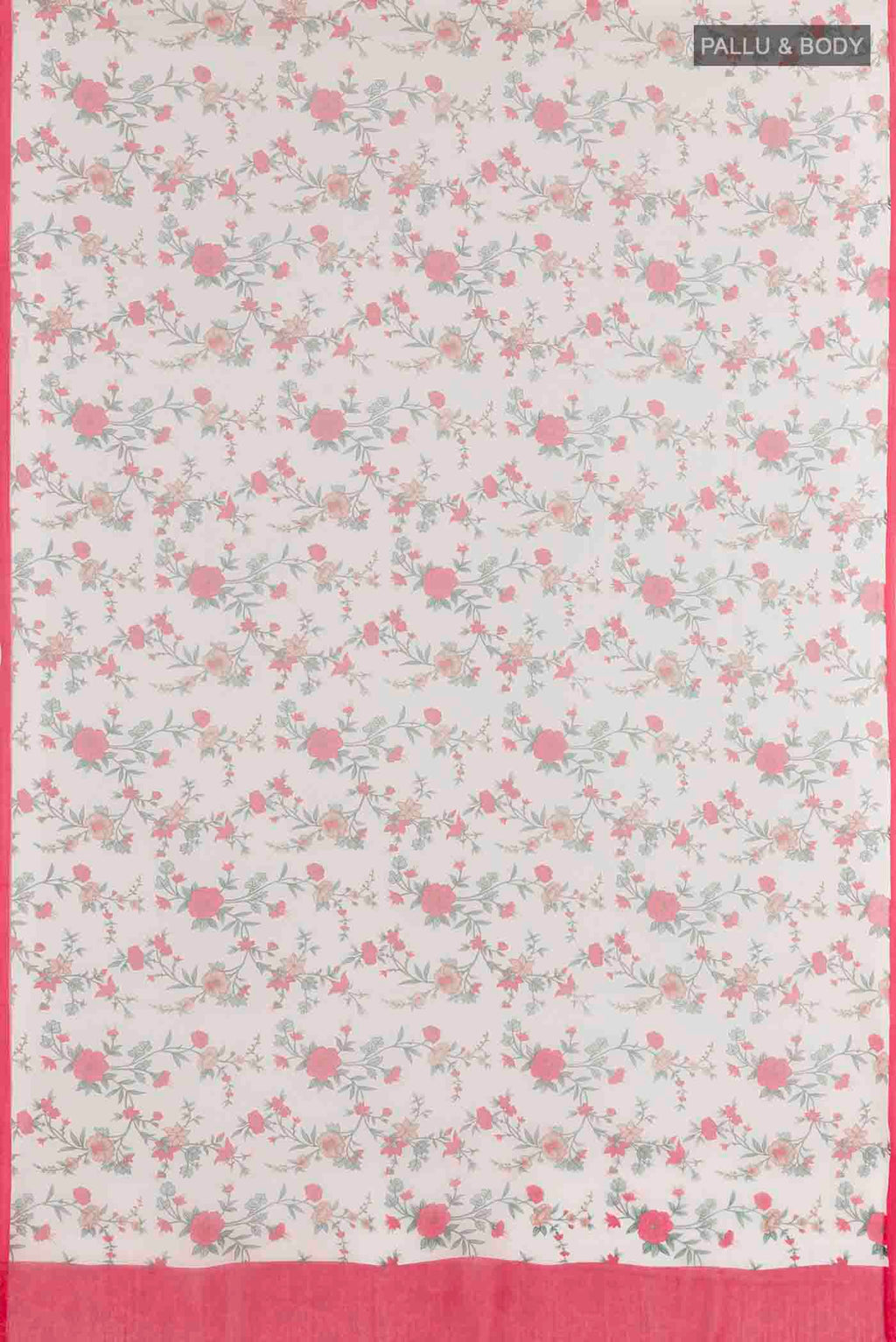 Flat view of White Mysore Chiffon Saree with Floral Print on the body and Plain Border