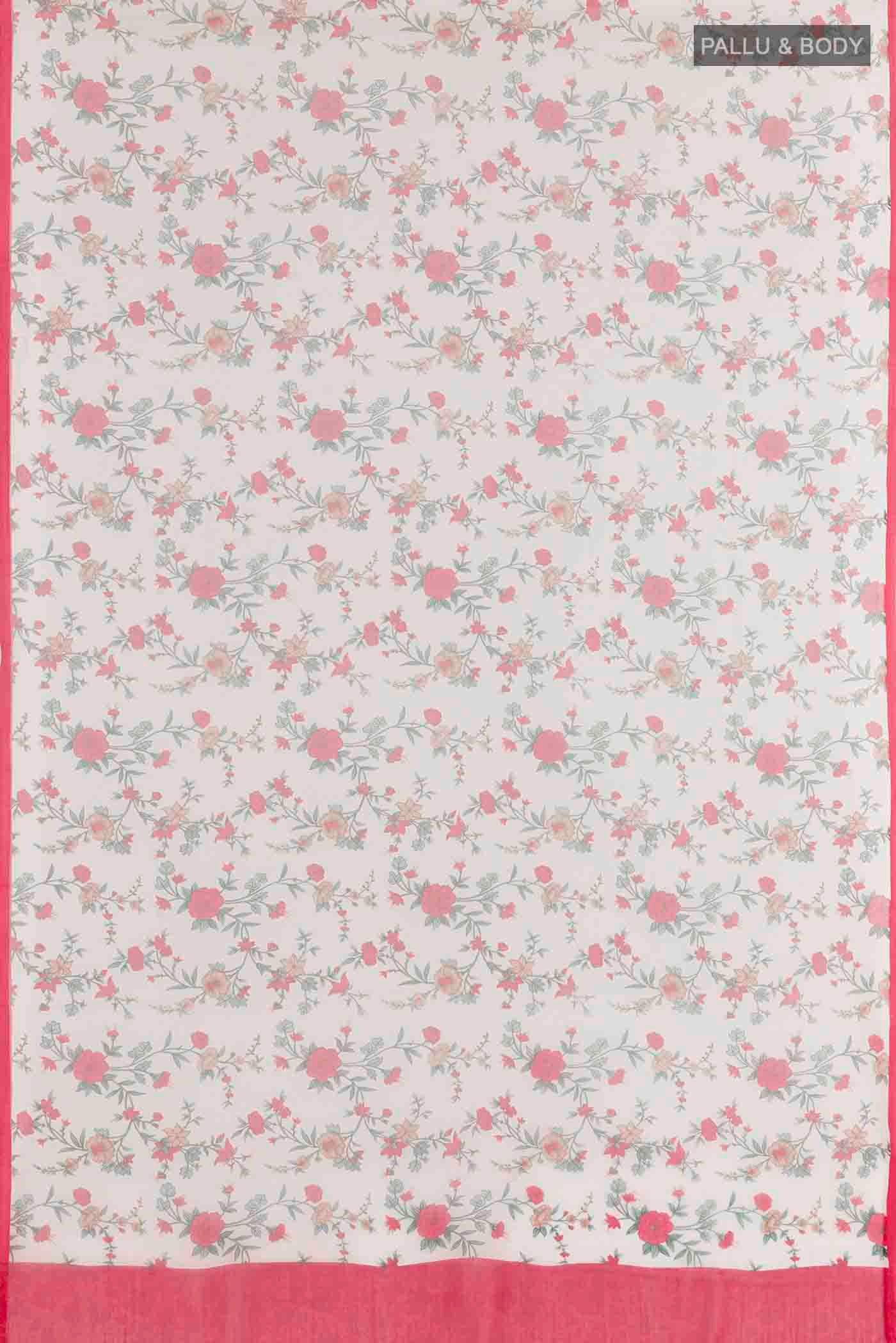 Flat view of White Mysore Chiffon Saree with Floral Print on the body and Plain Border