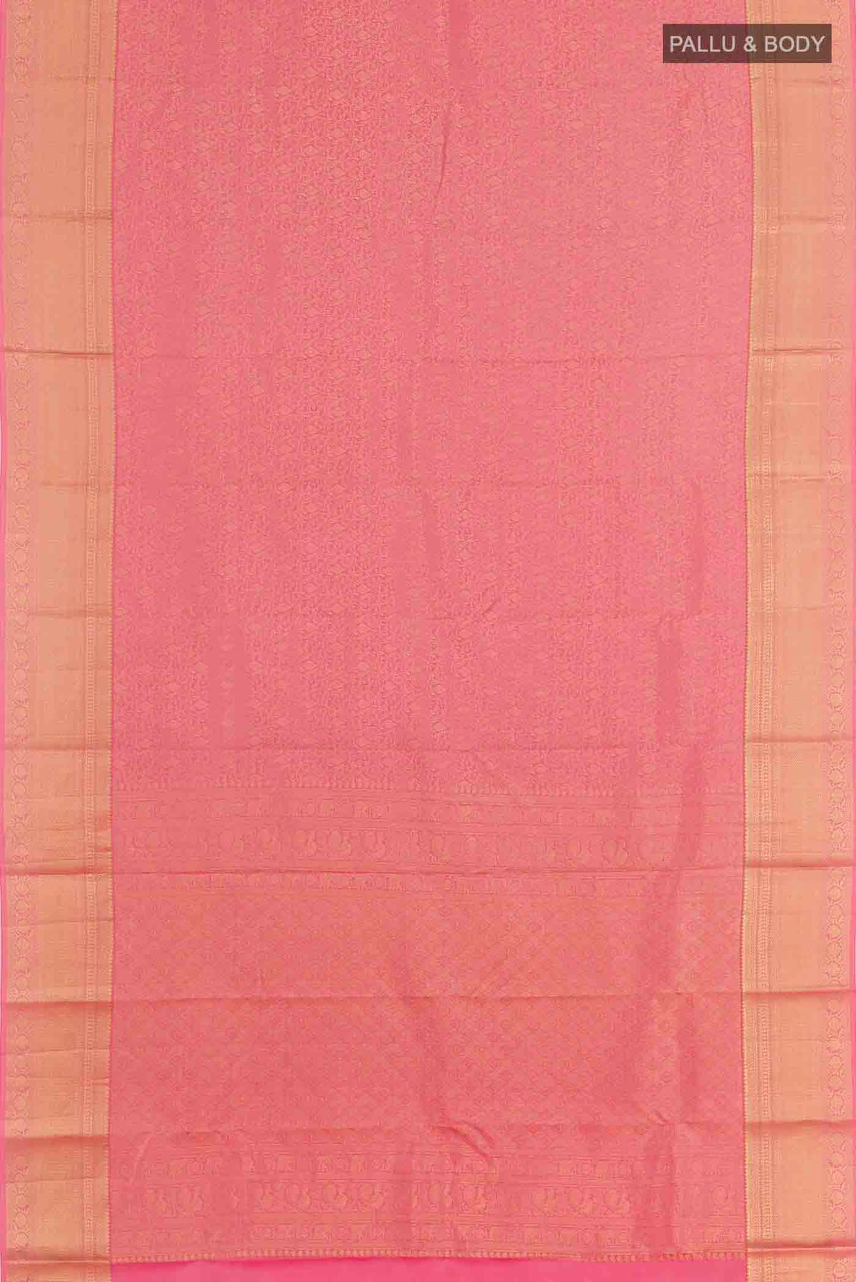 Flat view of Pink Kanchipuram Silk Saree with Zari Brocade on the body and Zari Border