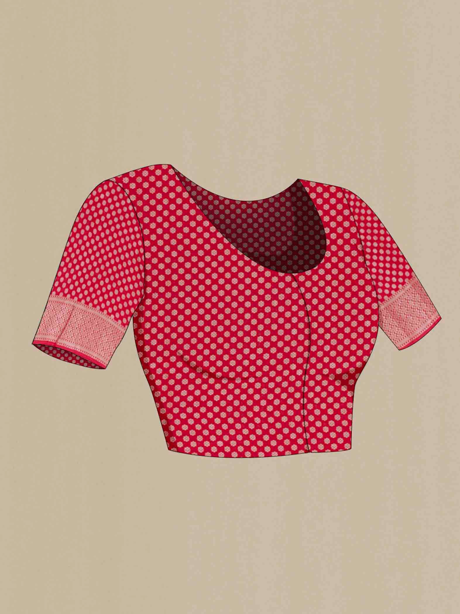 Close up image of the blouse of Red Banarasi Raw Silk Saree with Zari Butta on the body and Zari Border