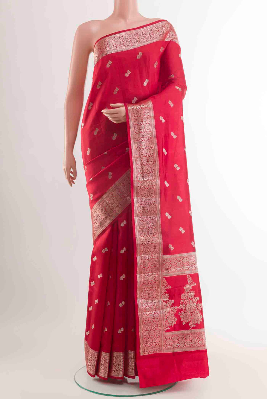 Red Banarasi Raw Silk Saree with Zari Butta on the body and Zari Border displayed on a mannequin