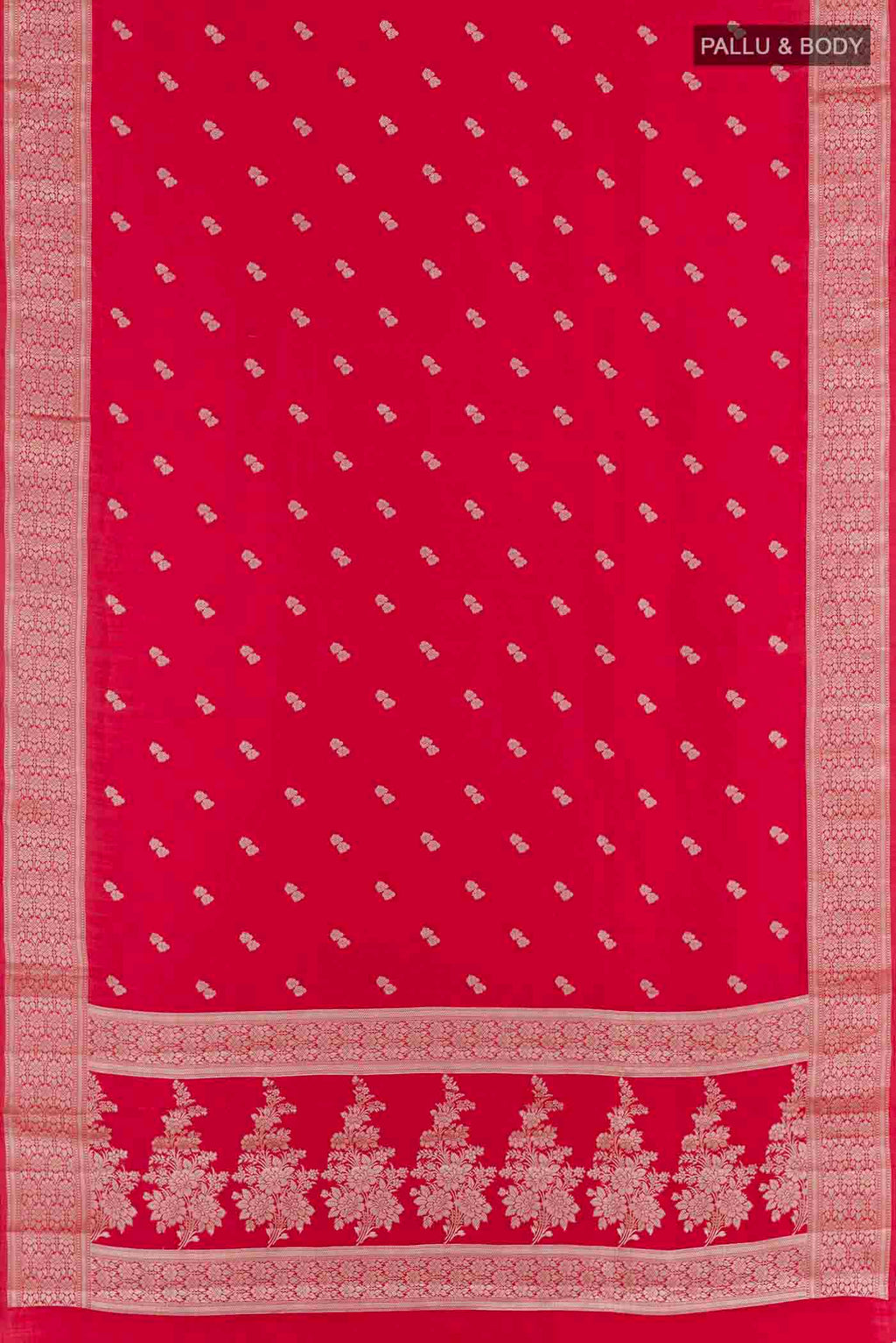 Flat view of Red Banarasi Raw Silk Saree with Zari Butta on the body and Zari Border