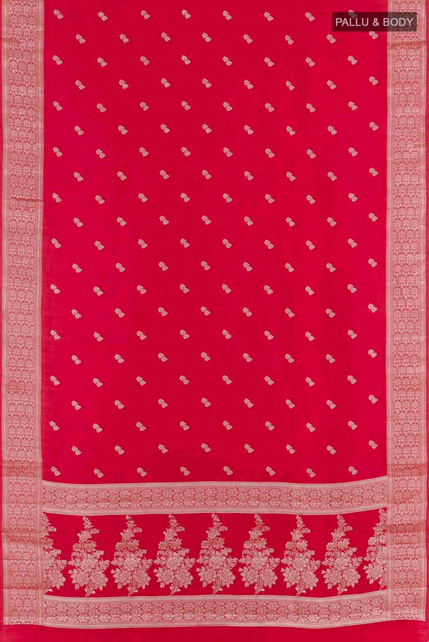 Flat view of Red Banarasi Raw Silk Saree with Zari Butta on the body and Zari Border